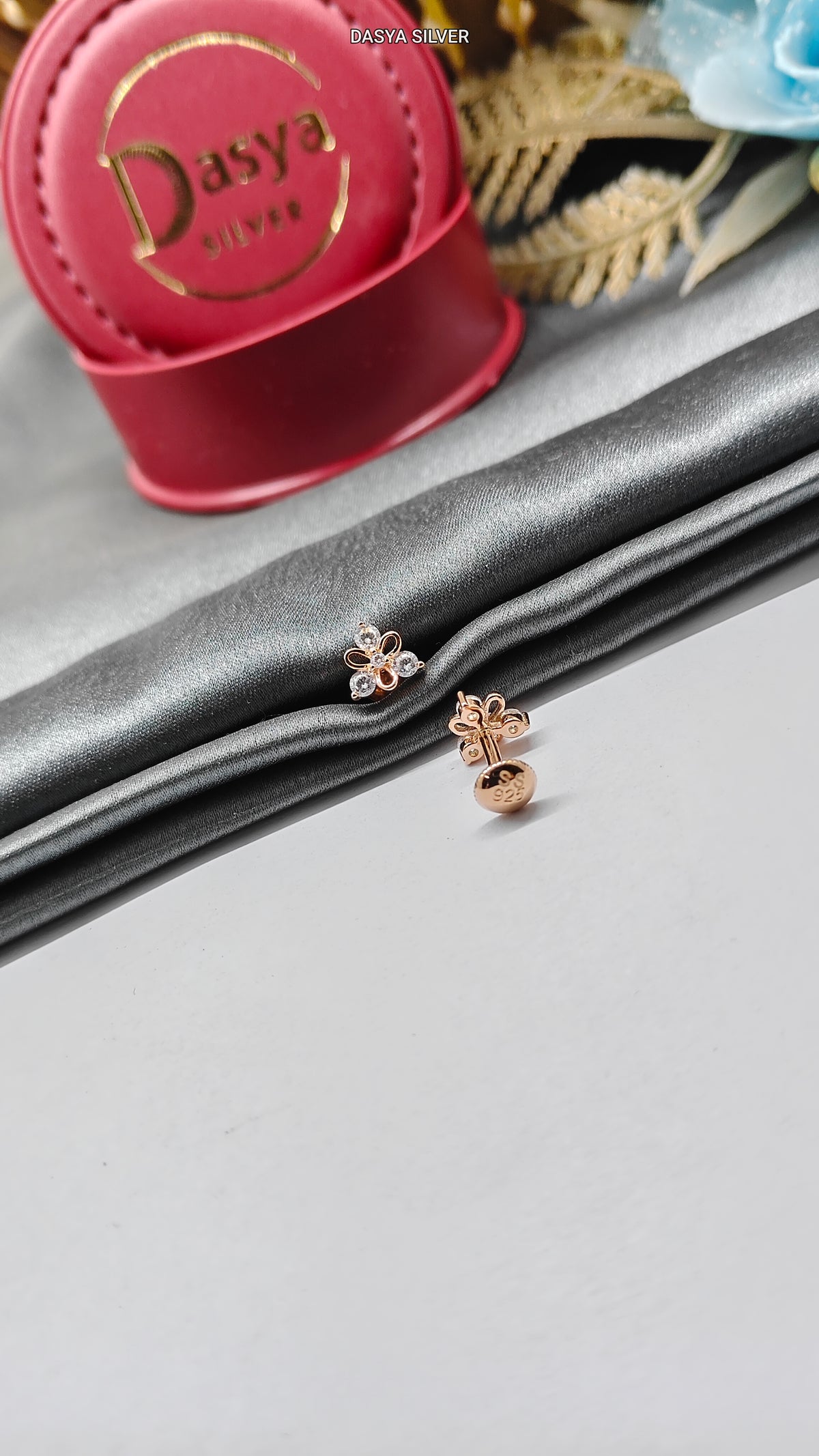 925 Silver Rose Gold 4 White Stone Flower Design Earrings