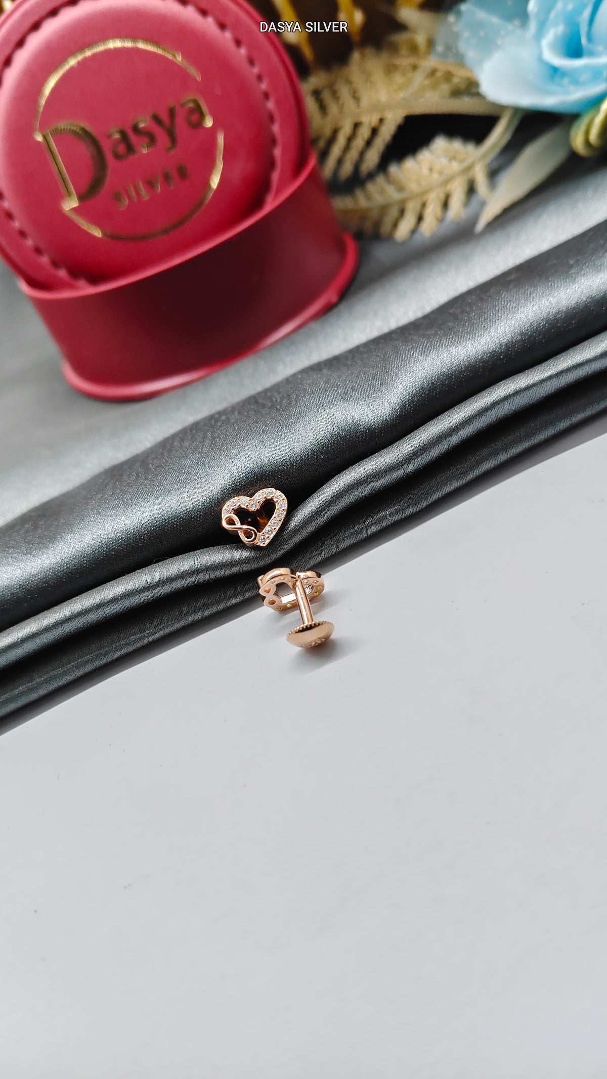 925 Silver Rose Gold Small Multiple White Stone Infinity With Heart Design Earrings