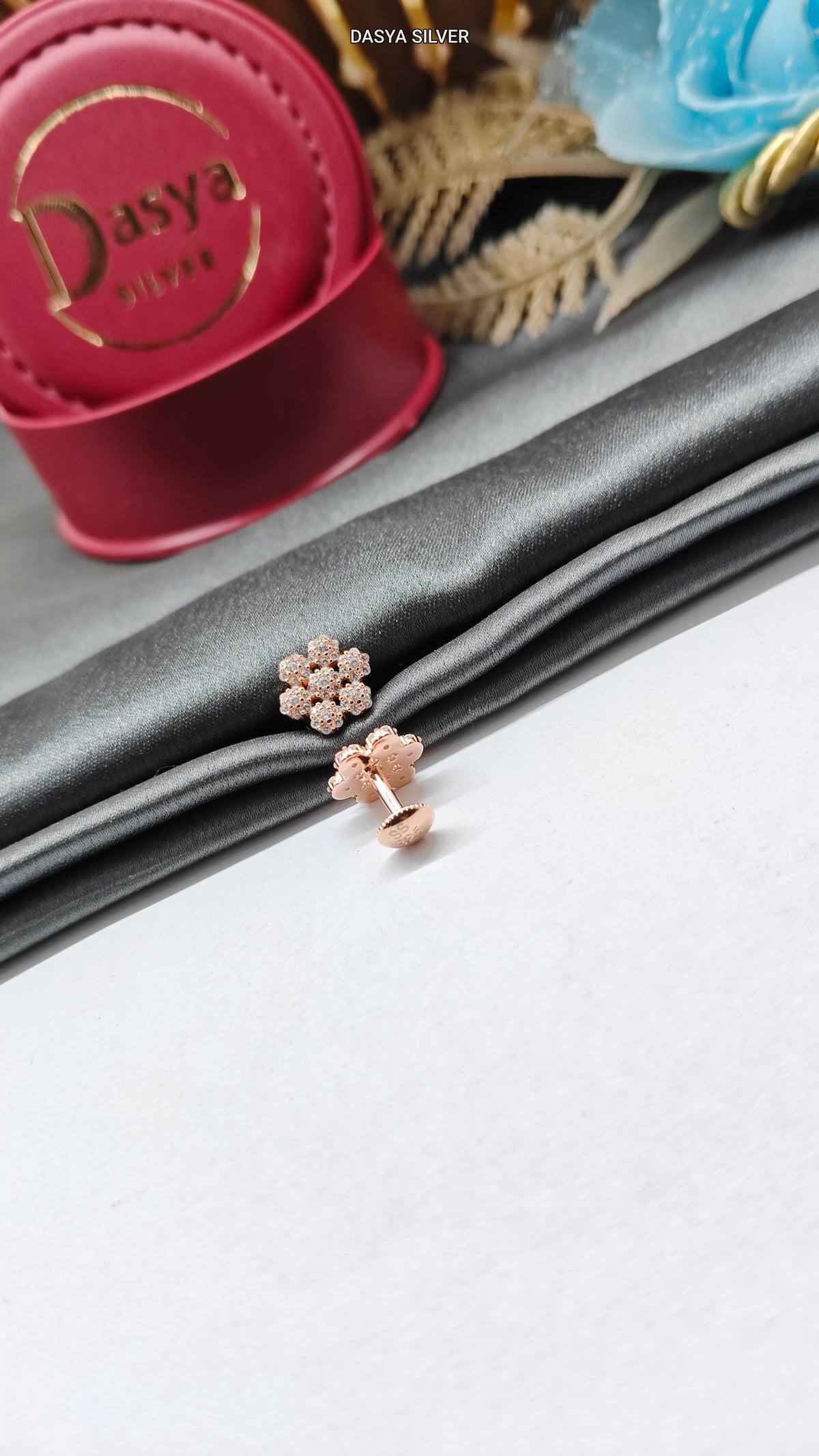 925 Silver Rose Gold Small Multiple White Stone 7 Flower Design Earrings
