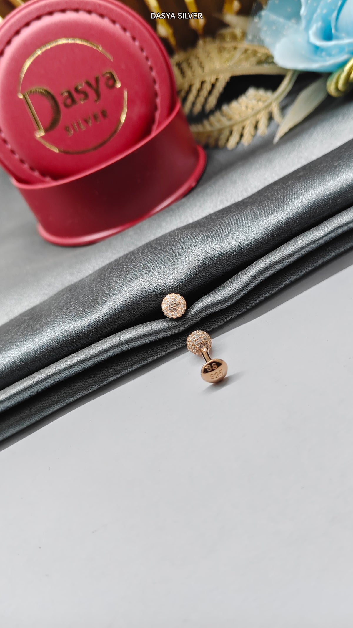 925 Silver Rose Gold Small Multiple White Stone Ball Design Earrings