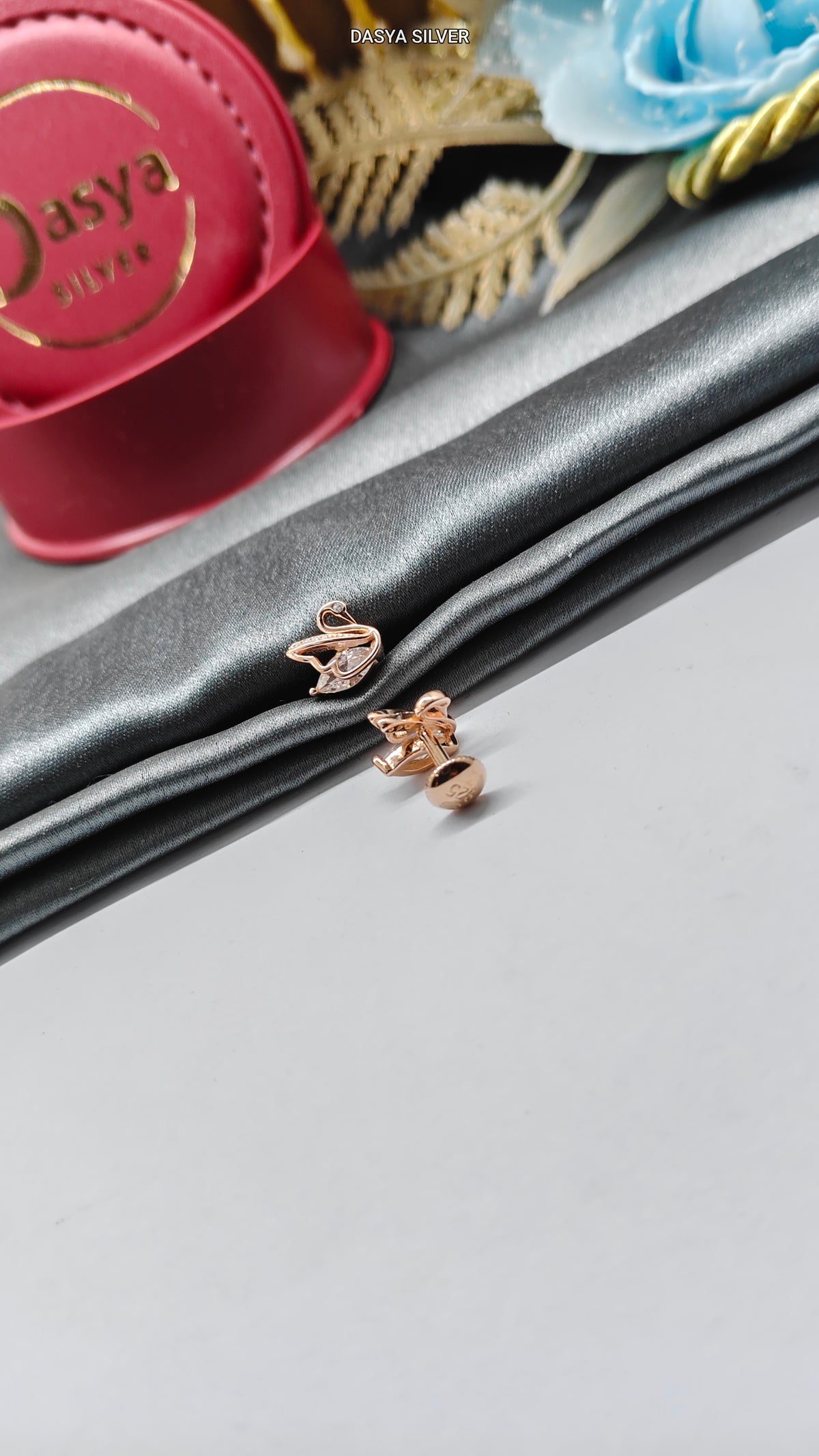 925 Silver Rose Gold 1 White Stone Swan Design Earrings