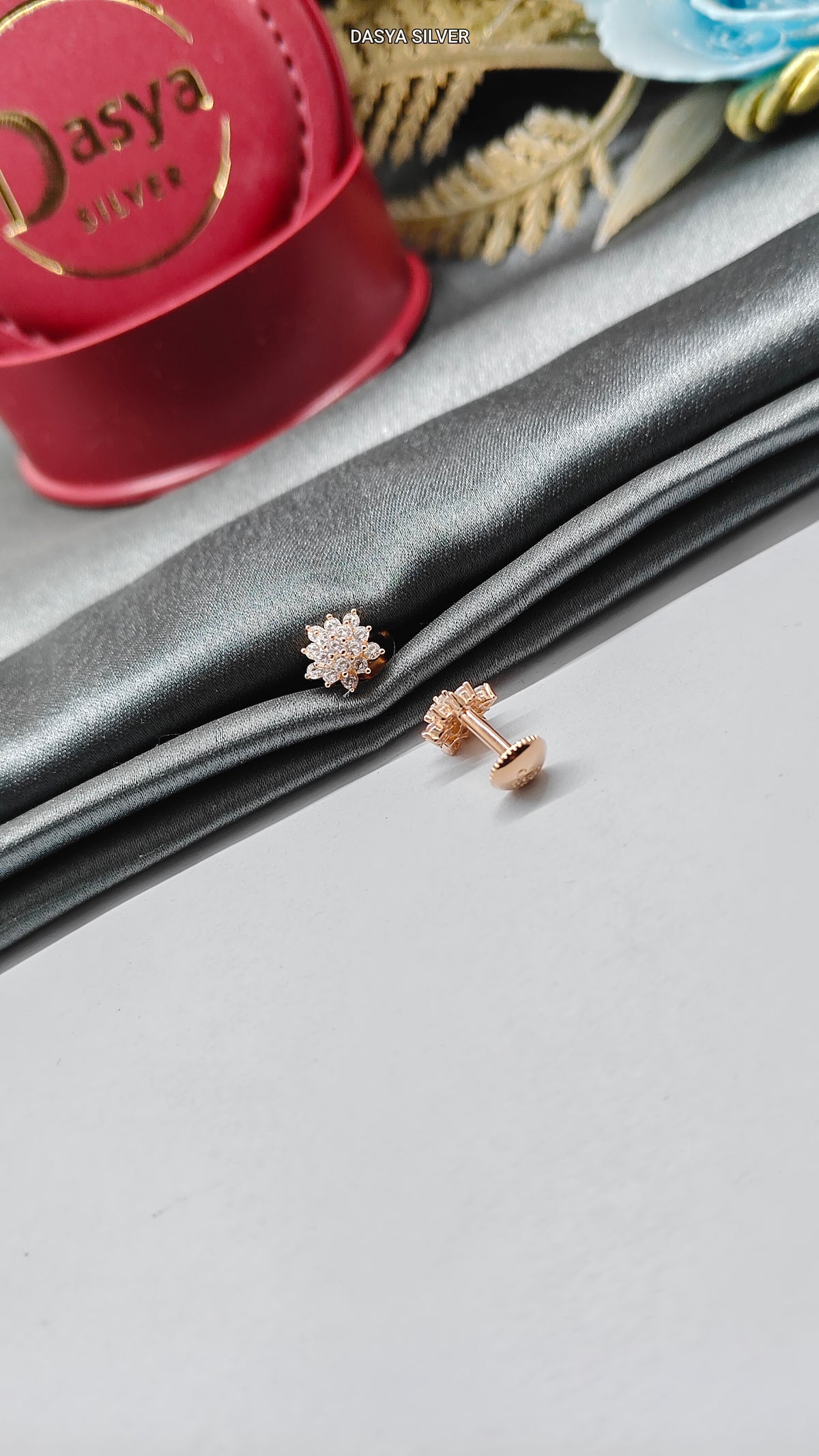 925 Silver Rose Gold Small Multiple White Stone Flower Design Small Earrings
