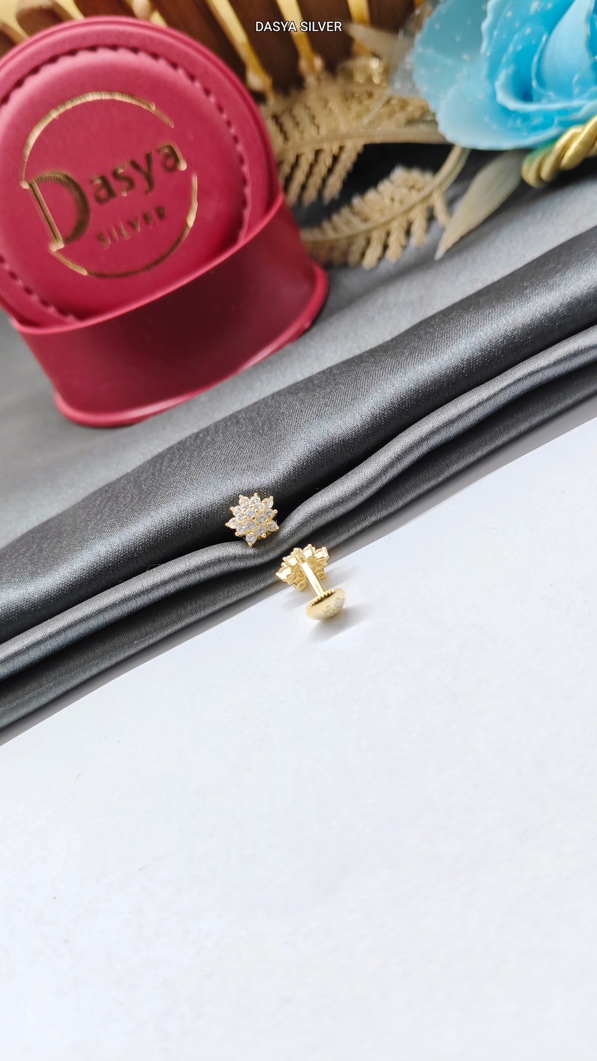 925 Silver Gold Colour Small Multiple White Stone Flower Design Small Earrings