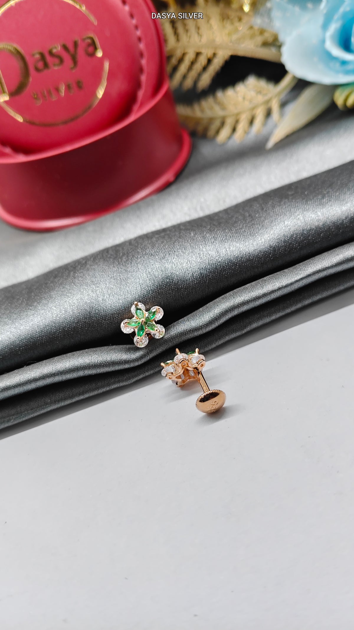 925 Silver Rose Gold Small Multiple Green With White Stone Double Layer Star Design Earrings