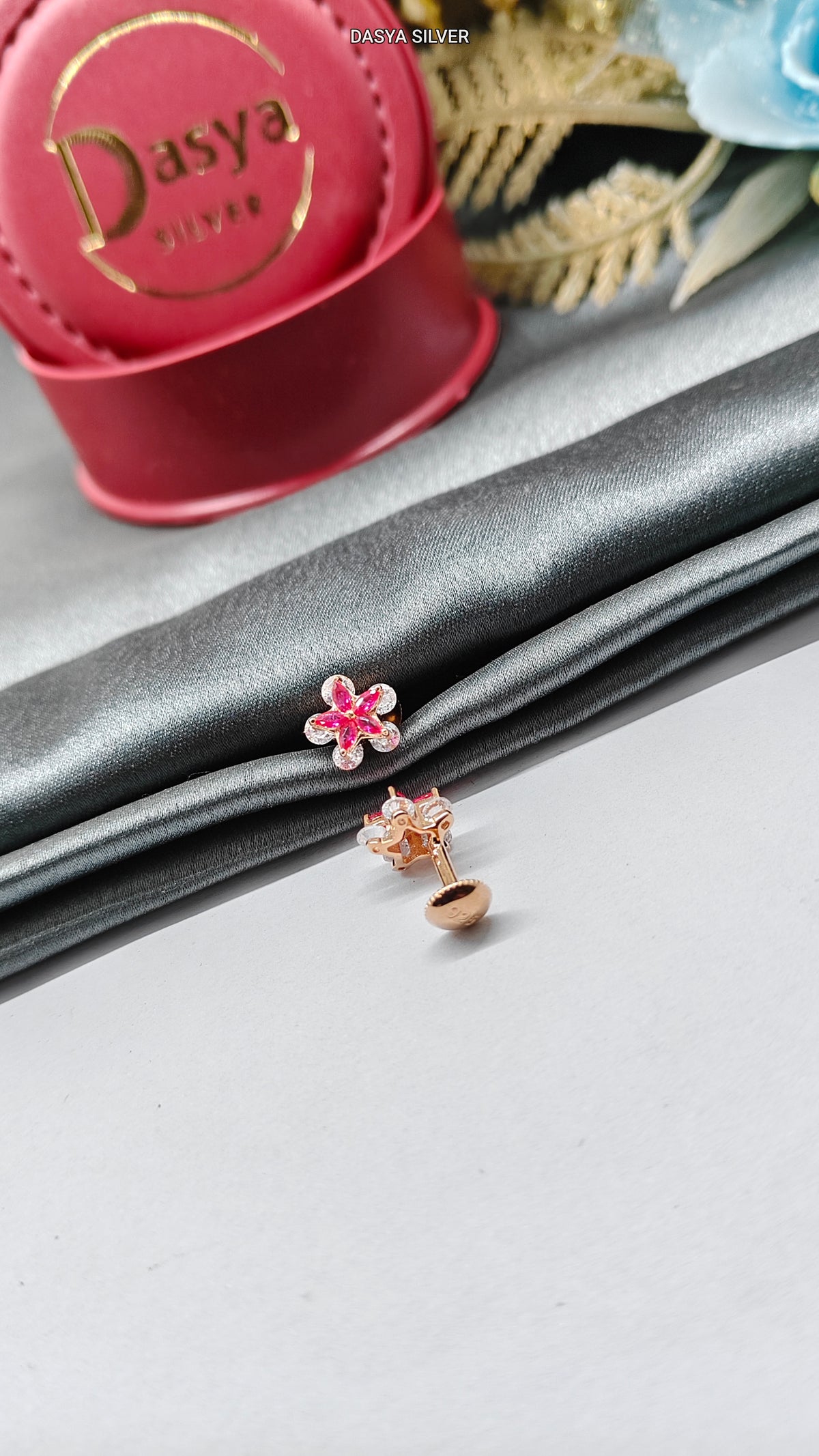 925 Silver Rose Gold Small Multiple Red With White Stone Double Layer Star Design Earrings