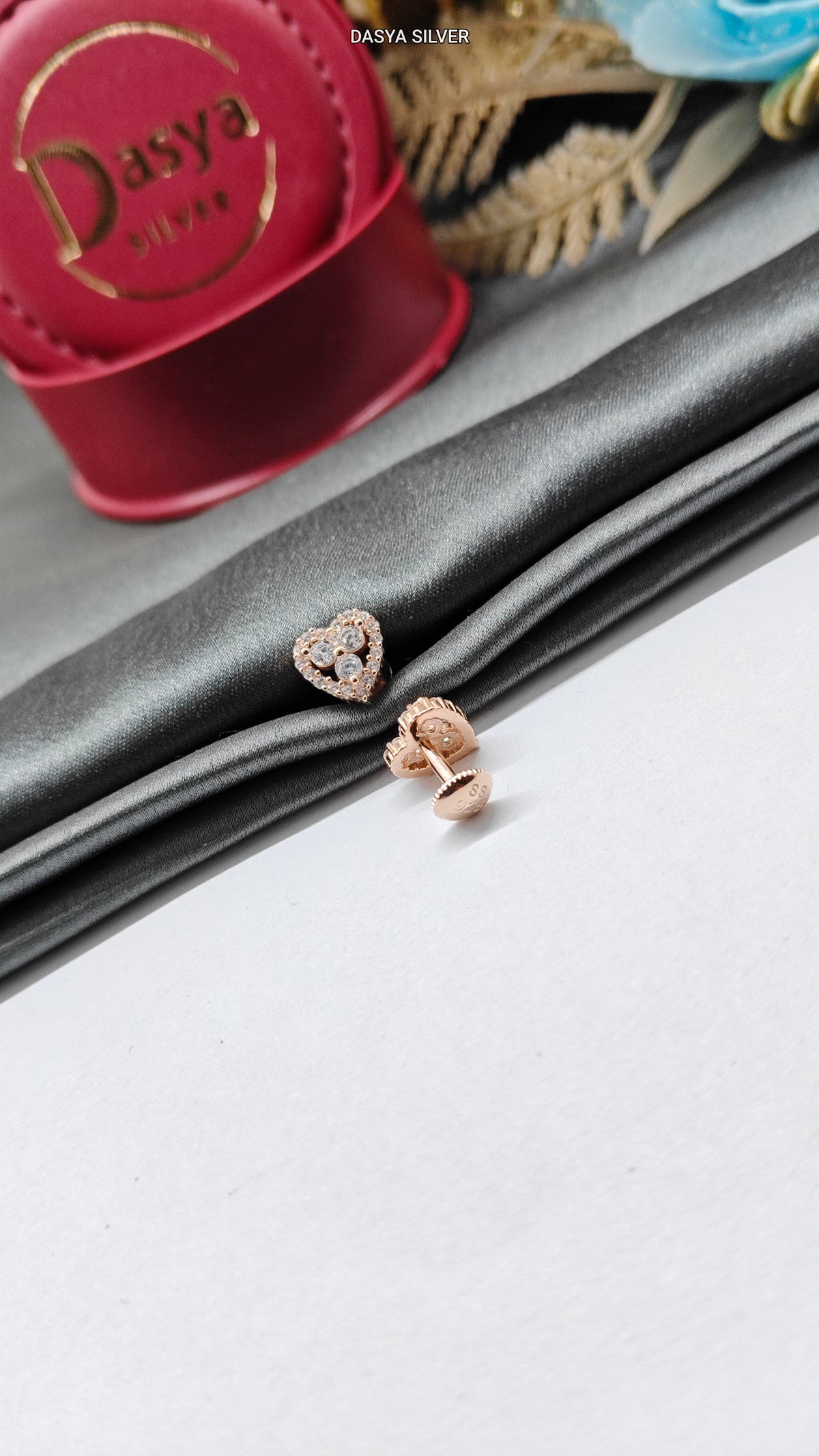 925 Silver Rose Gold Small Multiple White Stone Heart Design Earrings