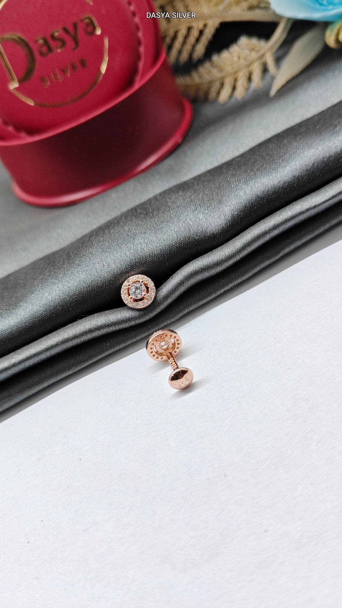 925 Silver Rose Gold Small Multiple White Stone Round Design Small Earrings