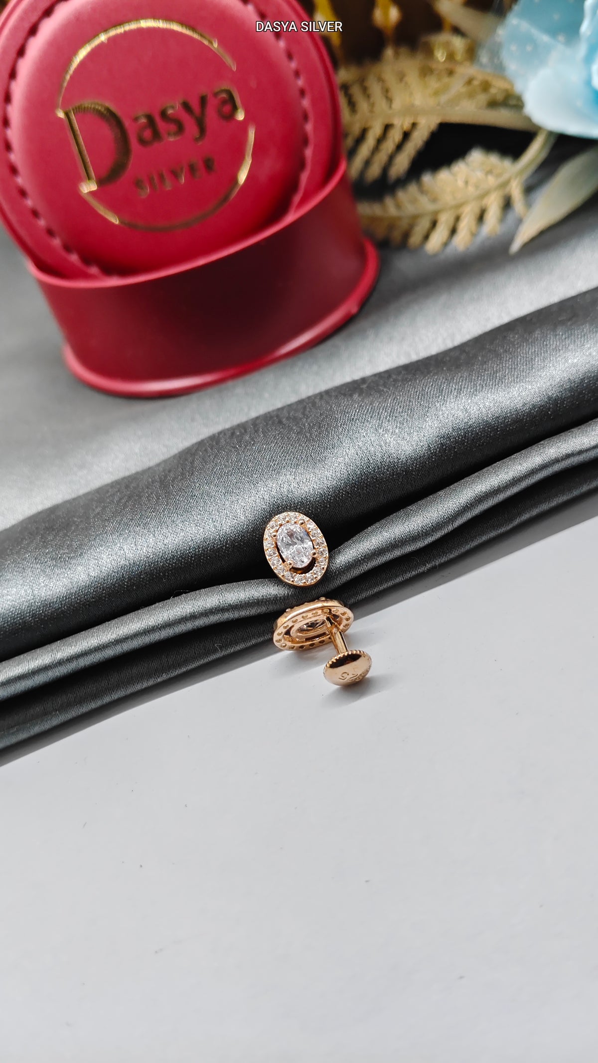 925 Silver Rose Gold Small Multiple White Stone Oval Design Earrings