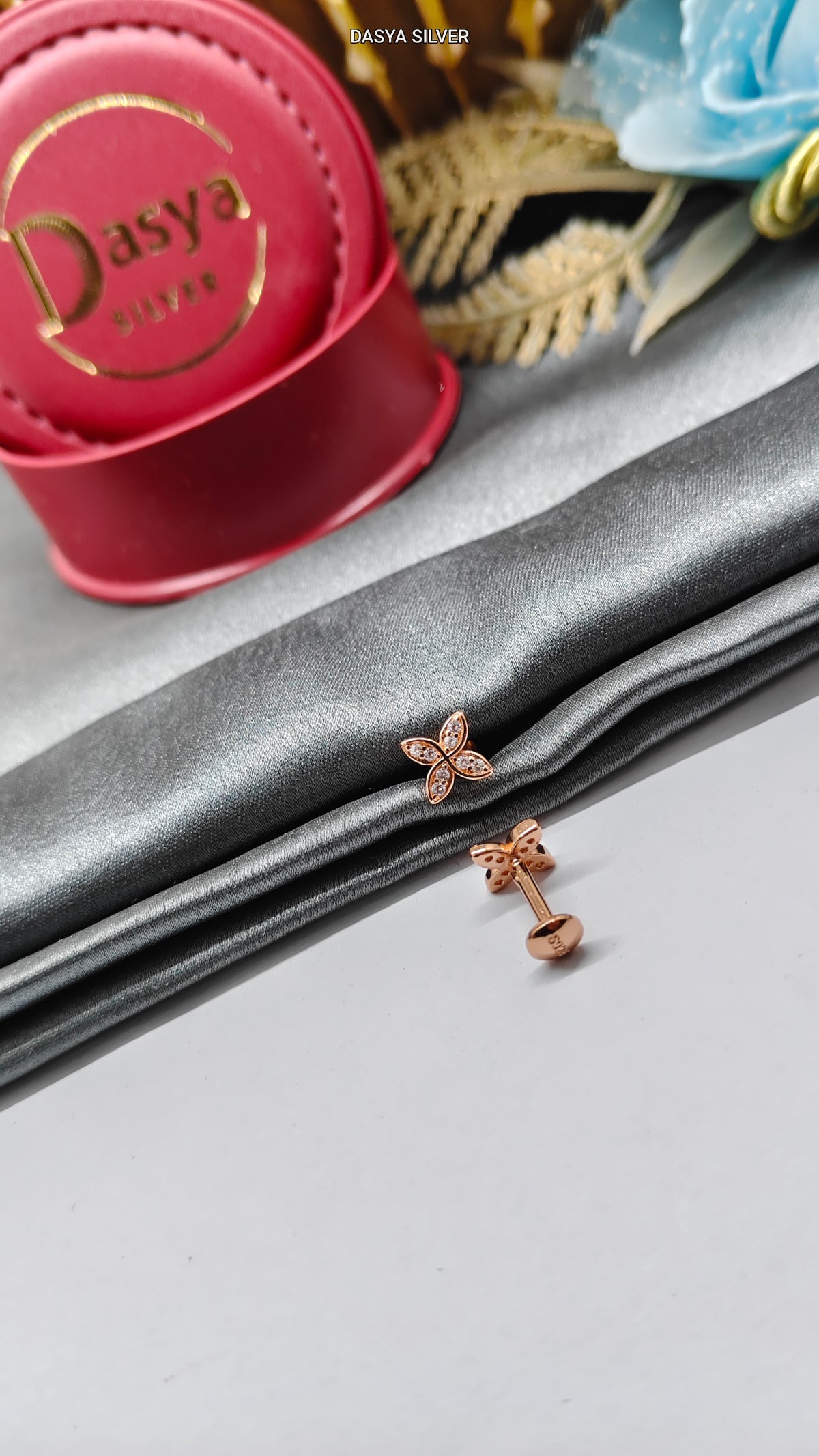 925 Silver Rose Gold Small Multiple White Stone X Design Small Earrings