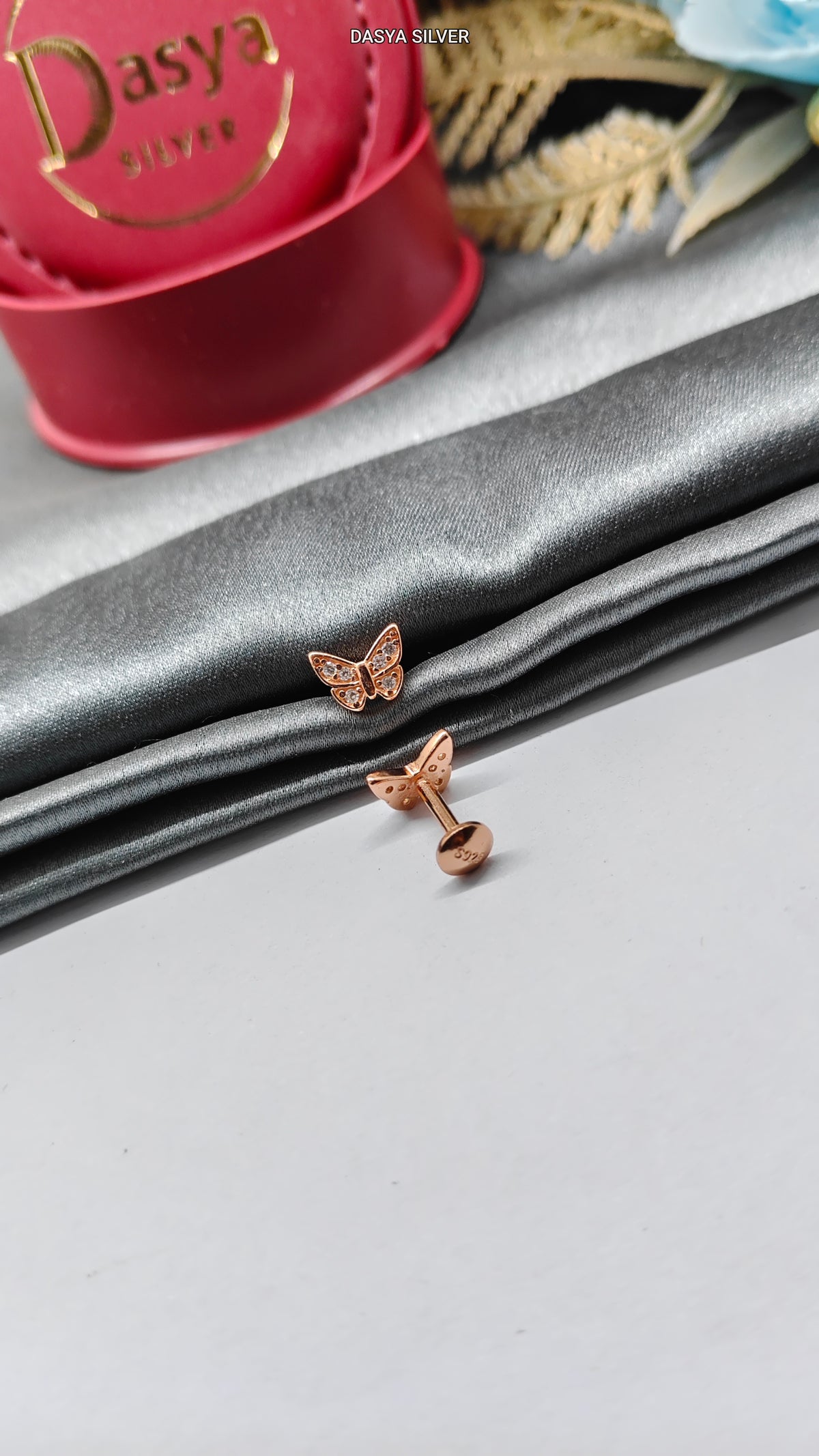 925 Silver Rose Gold Small Multiple White Stone Butterfly Design Small Earrings