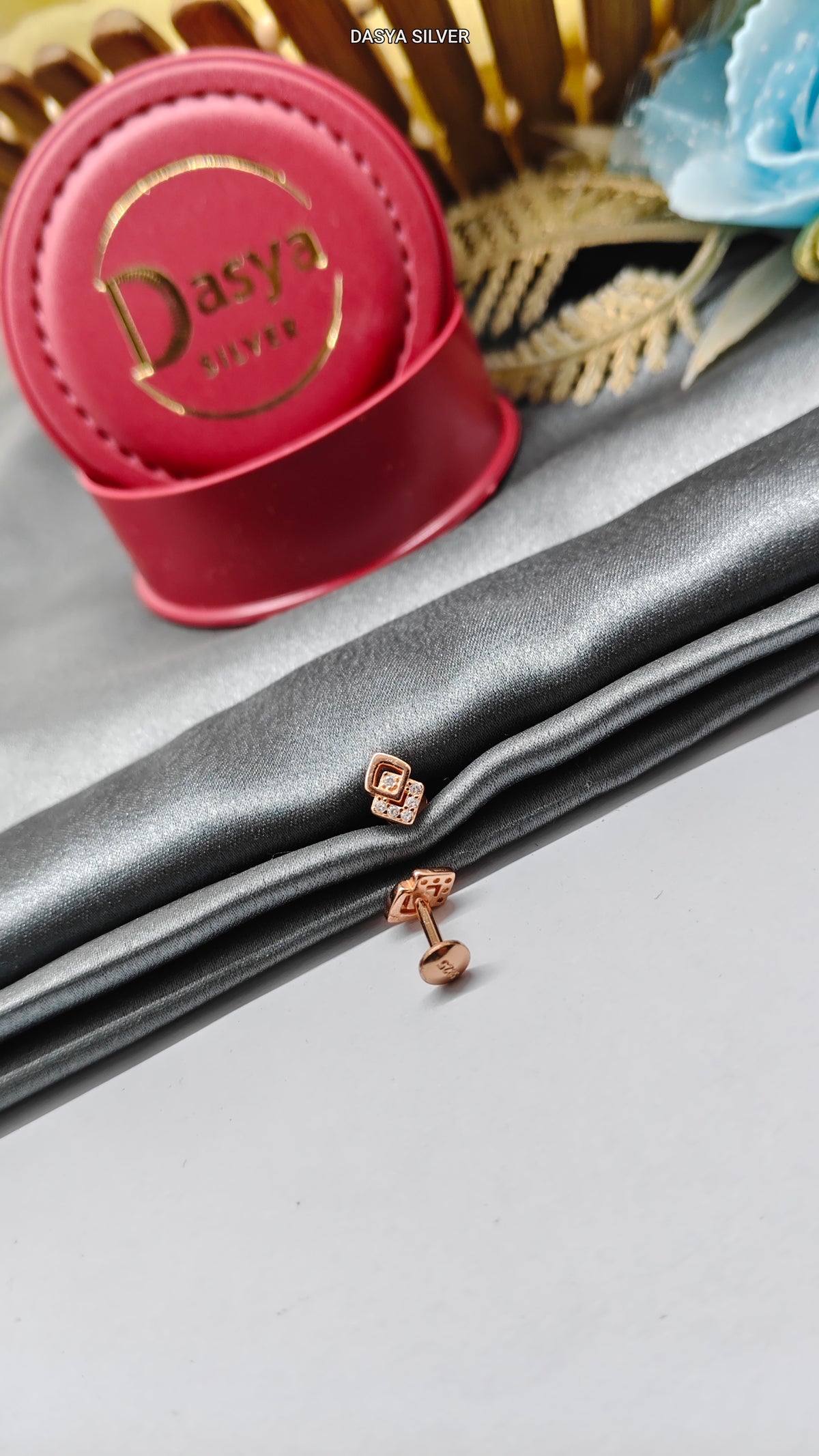 925 Silver Rose Gold Small Multiple White Stone Geometric Design Small Earrings
