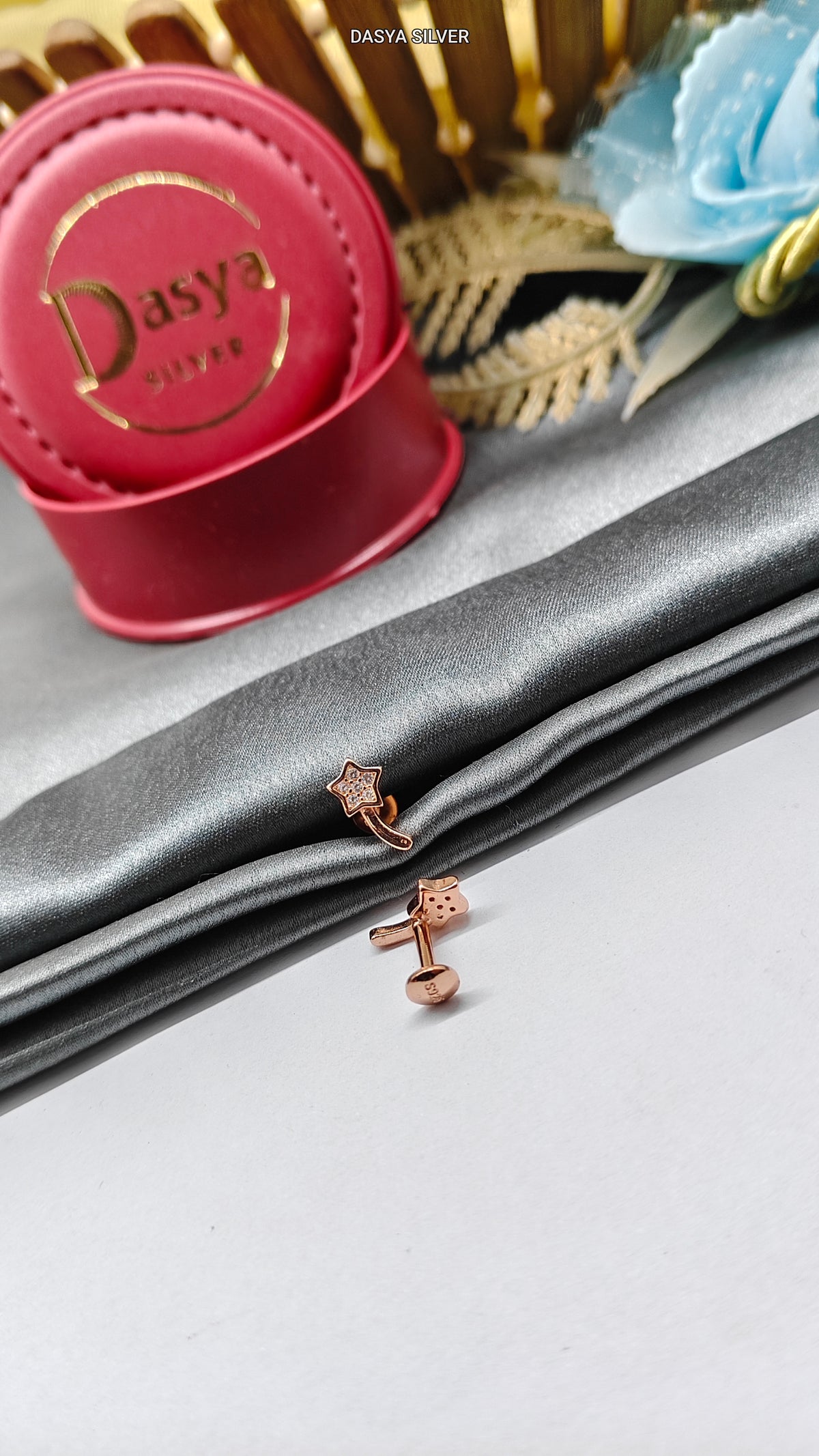 925 Silver Rose Gold Small Multiple White Stone Star With Curve Design Small Earrings