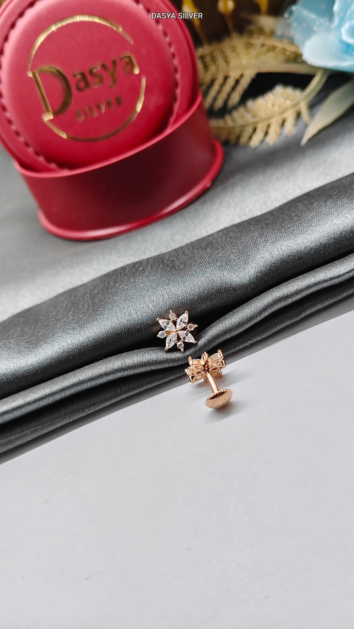 925 Silver Rose Gold Small Multiple White Stone X Design Earrings