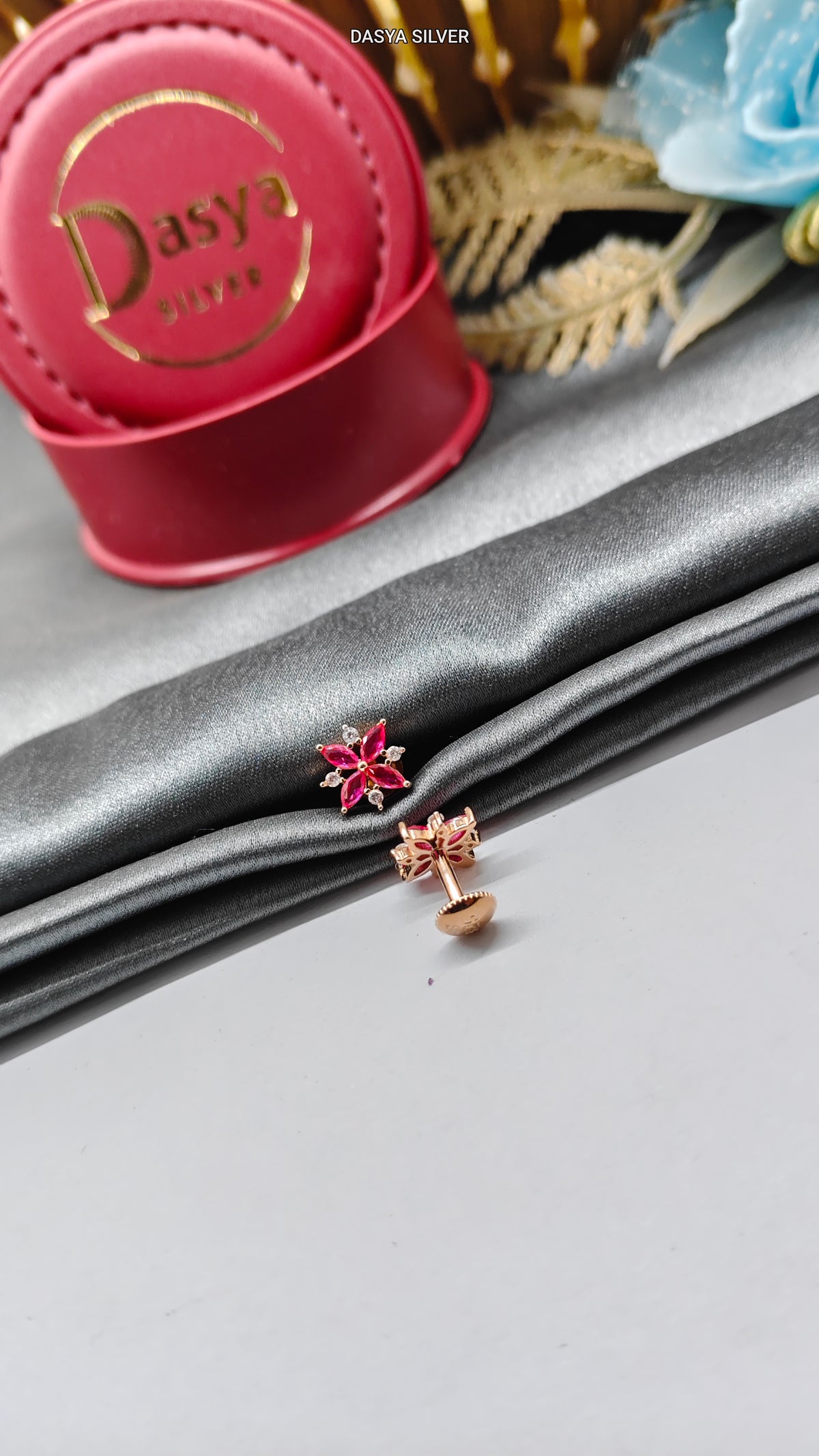 925 Silver Rose Gold Small Multiple Red With White Stone X Design Earrings