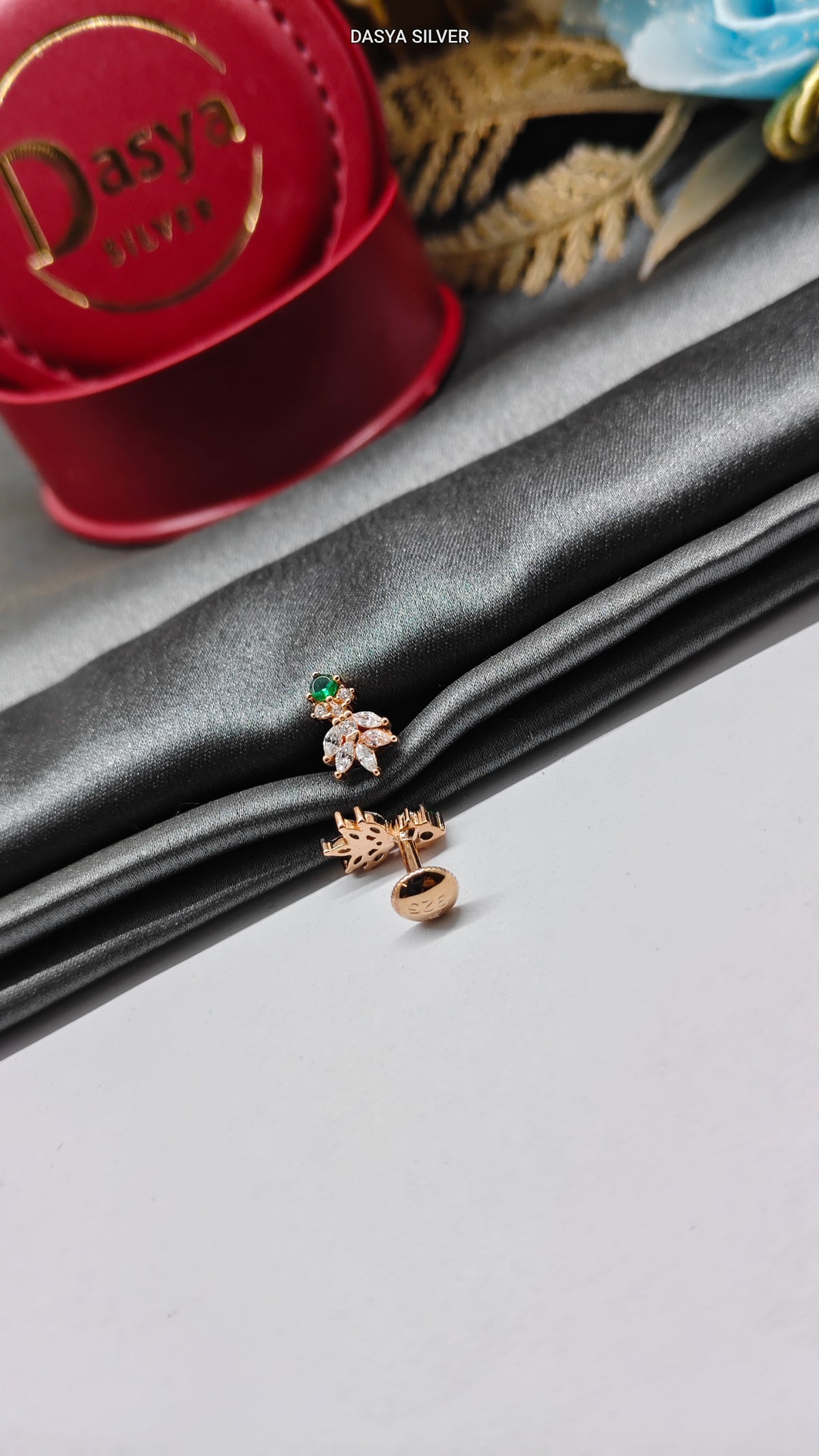 925 Silver Rose Gold Small Multiple White With 1 Green Stone Small Pineapple Design Earrings