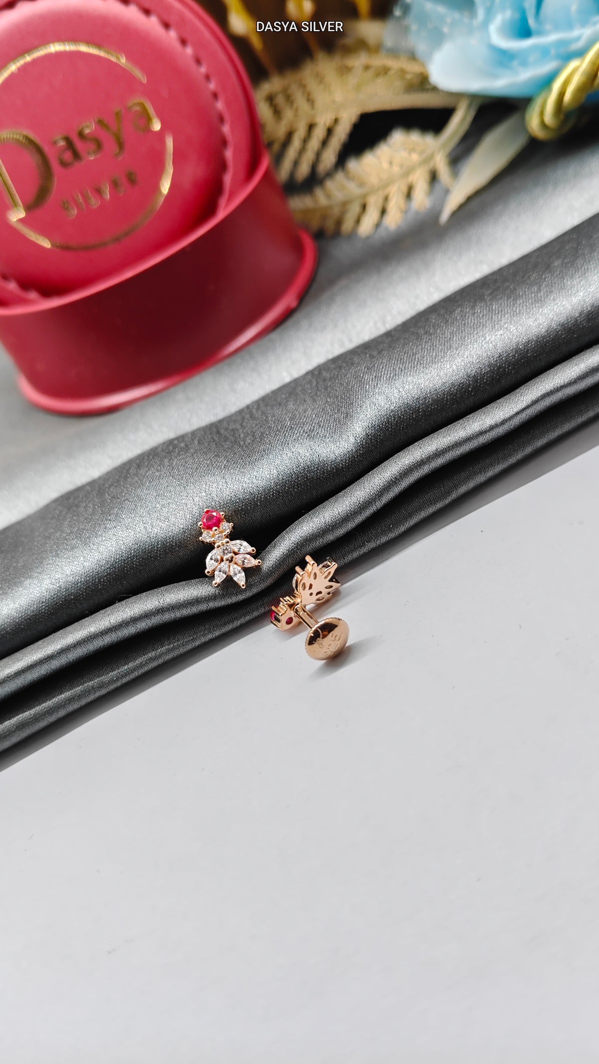 925 Silver Rose Gold Small Multiple White With 1 Red Stone Small Pineapple Design Earrings