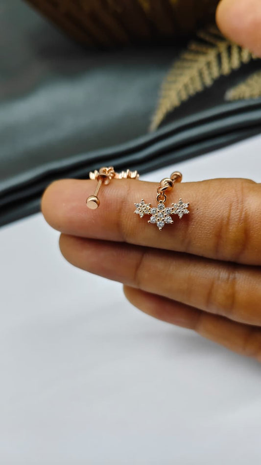 925 Silver Rose Gold 3 Star White Stone Hanging Design Bugadi Earrings