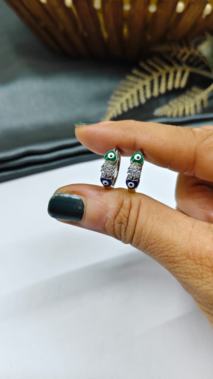 925 Silver Regular Colour White Stone Green And Blue Evil Eye Heart Design Balli / Earrings