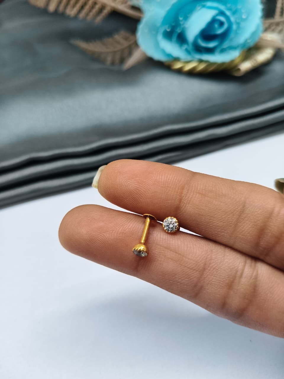 925 Silver Regular Gold Colour Small 3mm Single White Stone Side Stud/ Nose Pin in Pair