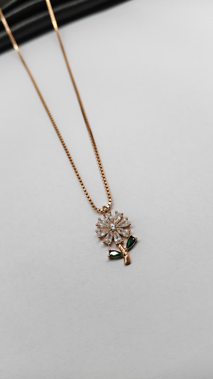 925 Silver Rose Gold Colour Rose Design White With Green Stone Chain Pendant