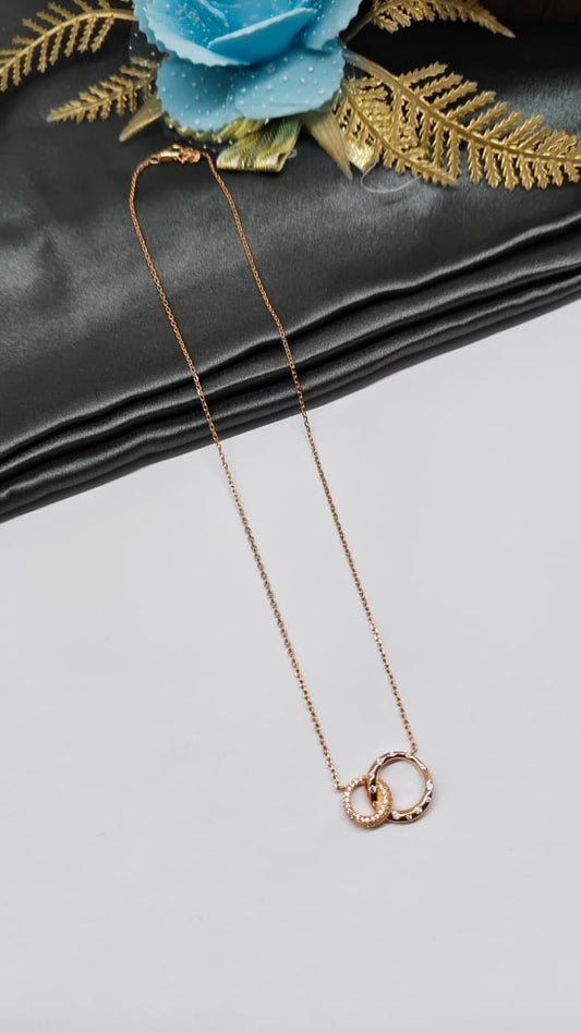 925 Silver Rose Gold Colour Double Ring Design White Stone Chain Pendant