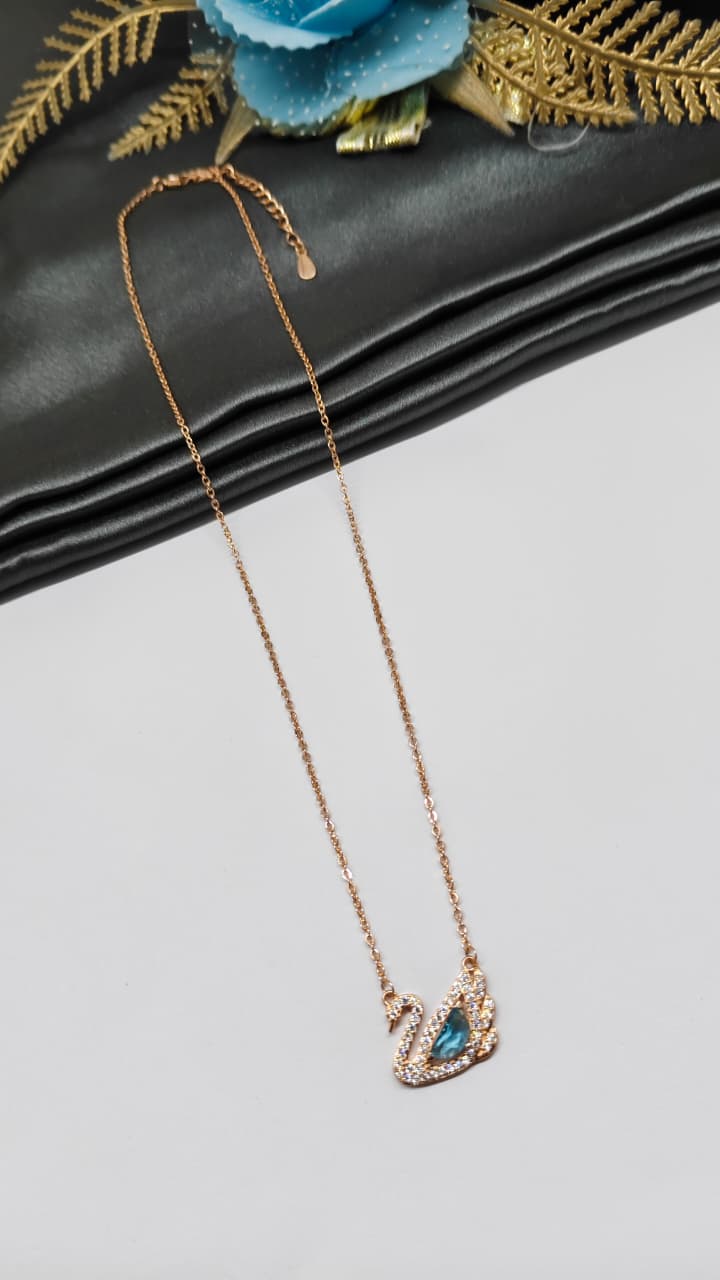 925 Silver Rose Gold Colour Swan Design Blue White Stone Chain Pendant