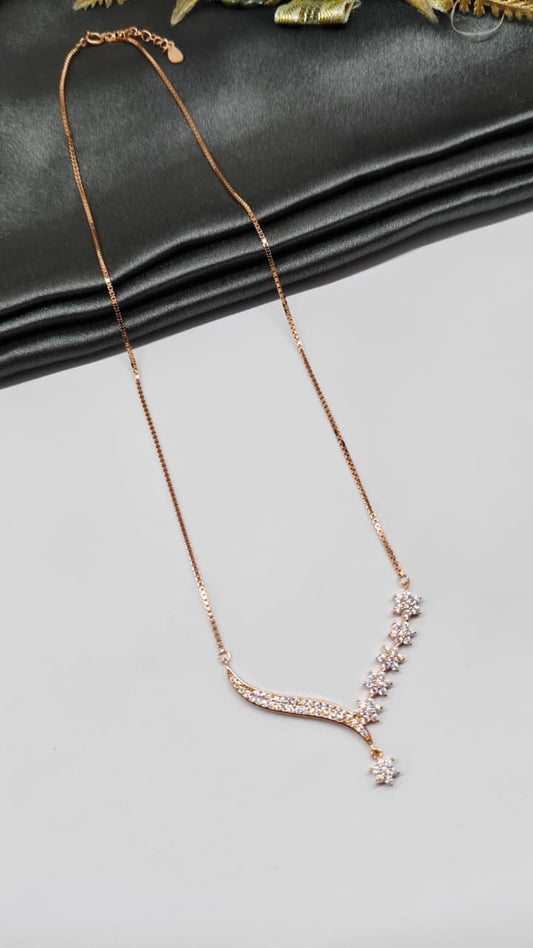 925 Silver Rose Gold Colour Flower Design White Stone Chain Pendant