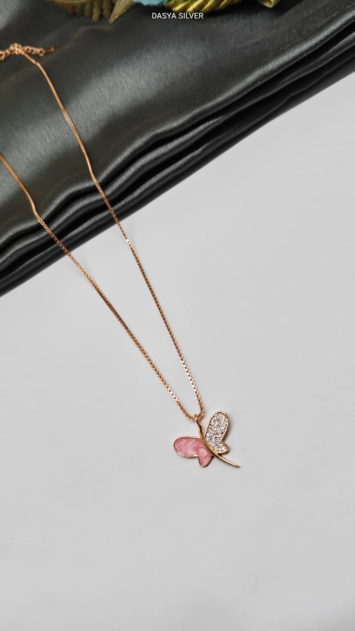 925 Silver Rose Gold Colour Half Pink Enamel With White Stone Butterfly Design Chain Pendant