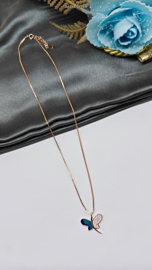 925 Silver Rose Gold Colour Half Blue Enamel With White Stone Butterfly Design Chain Pendant