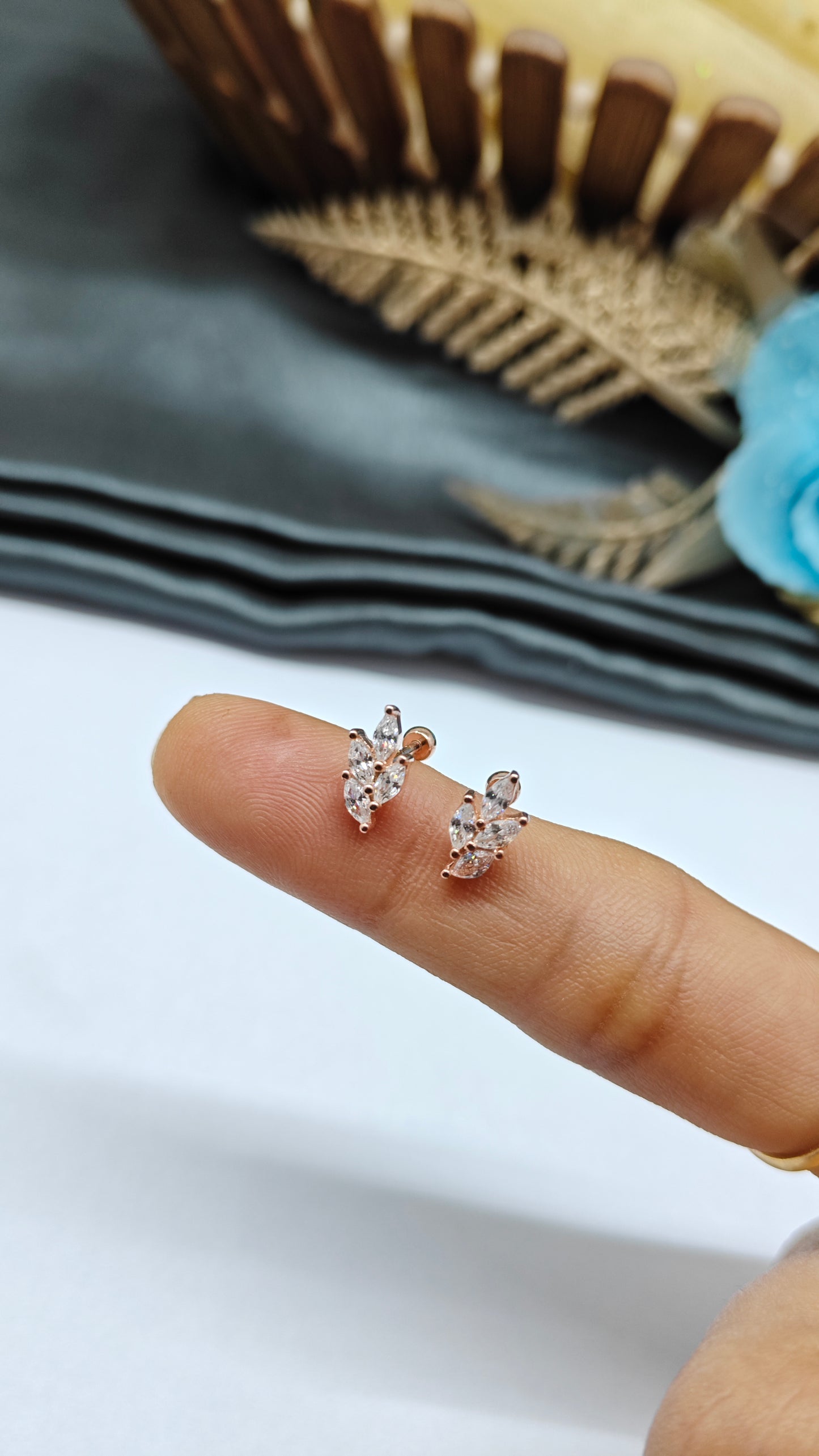 925 Silver Rose Gold 4 White Stone Leaf Design Bugadi Earrings