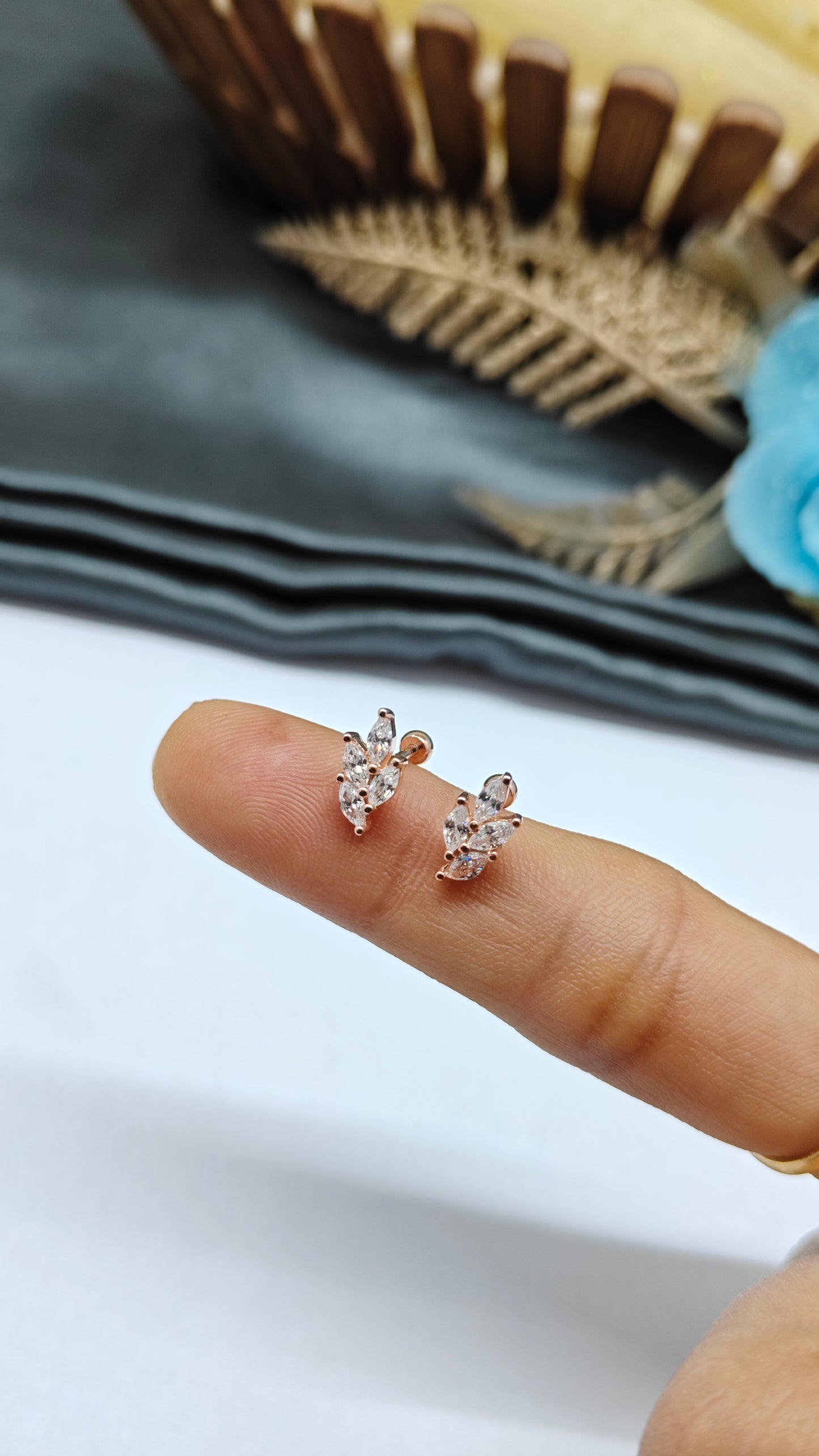 925 Silver Rose Gold 4 White Stone Leaf Design Bugadi Earrings