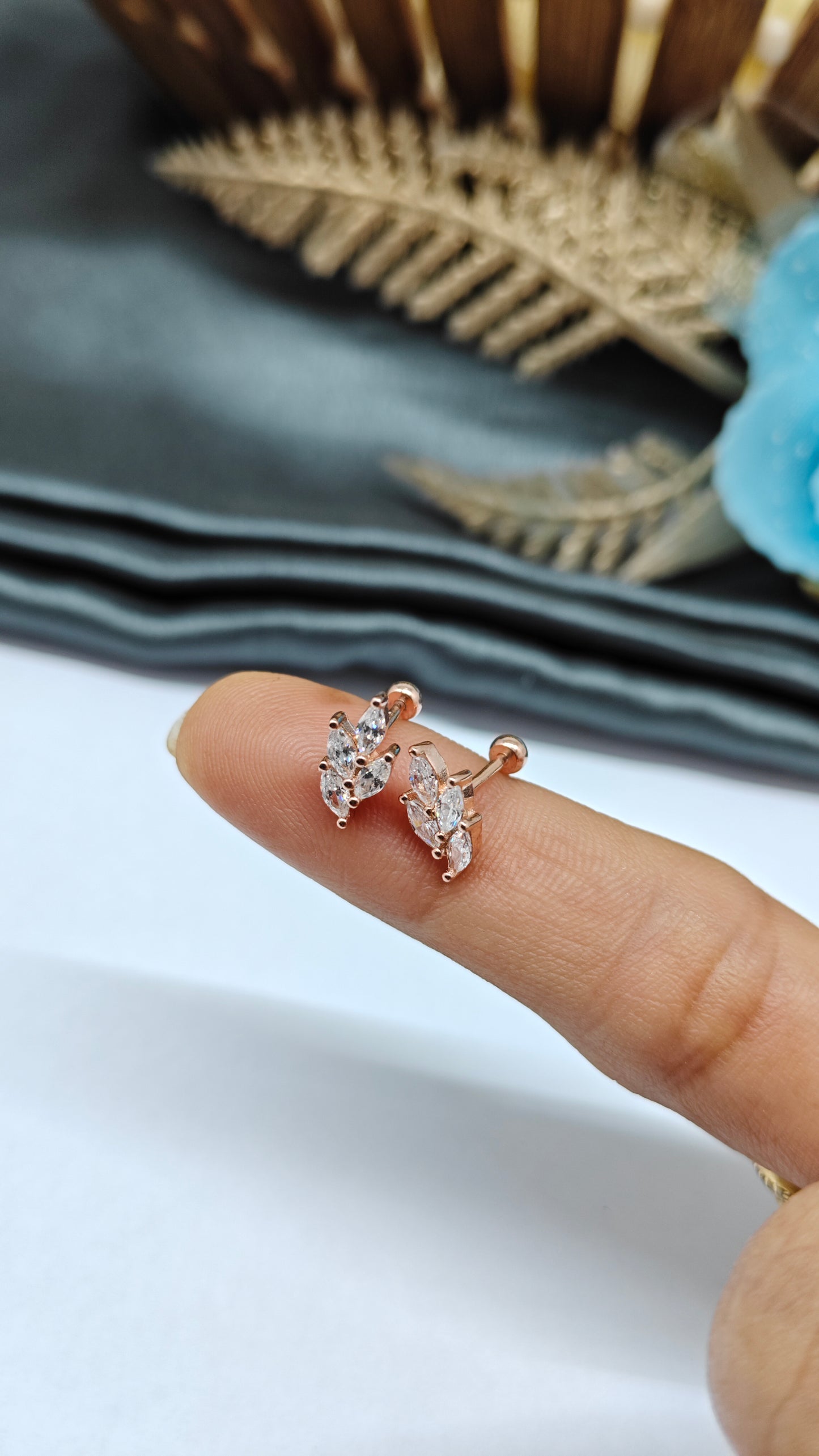 925 Silver Rose Gold 4 White Stone Leaf Design Bugadi Earrings