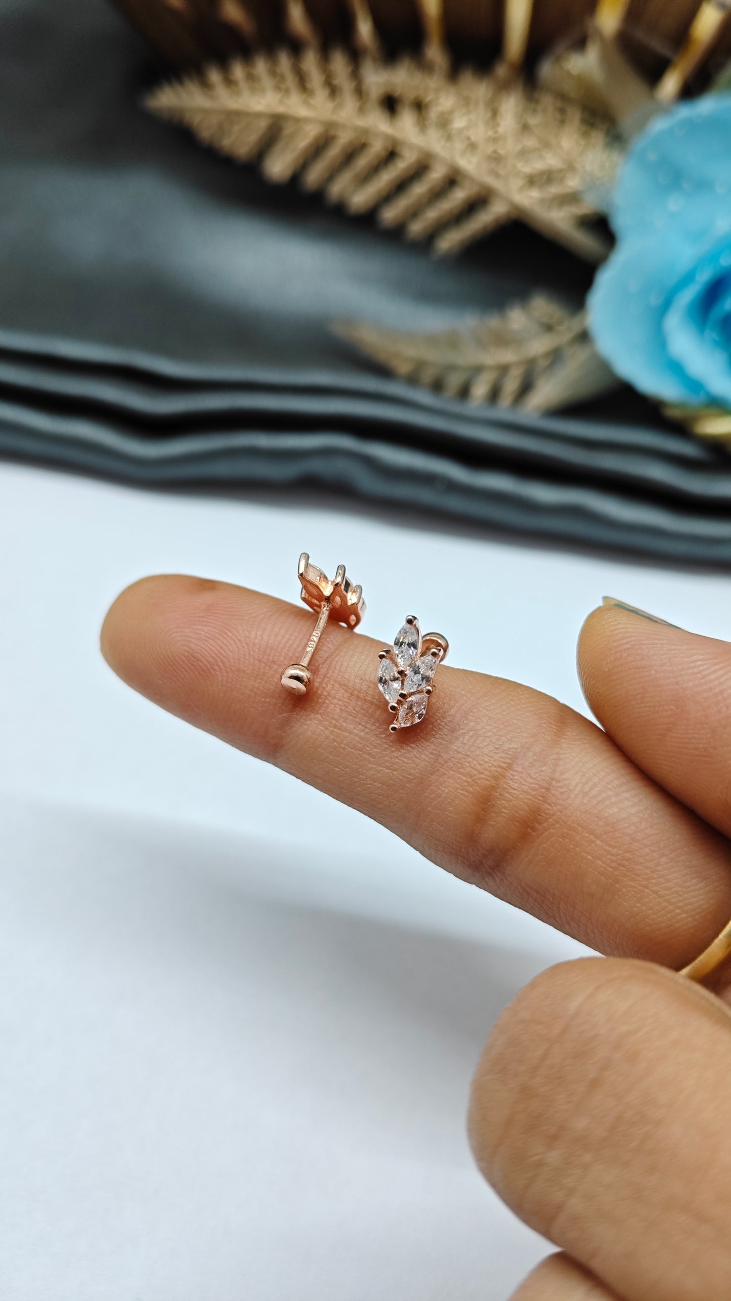 925 Silver Rose Gold 4 White Stone Leaf Design Bugadi Earrings