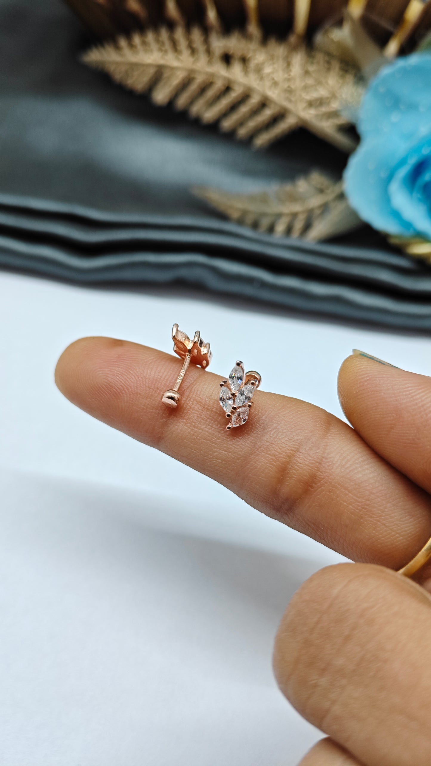 925 Silver Rose Gold 4 White Stone Leaf Design Bugadi Earrings