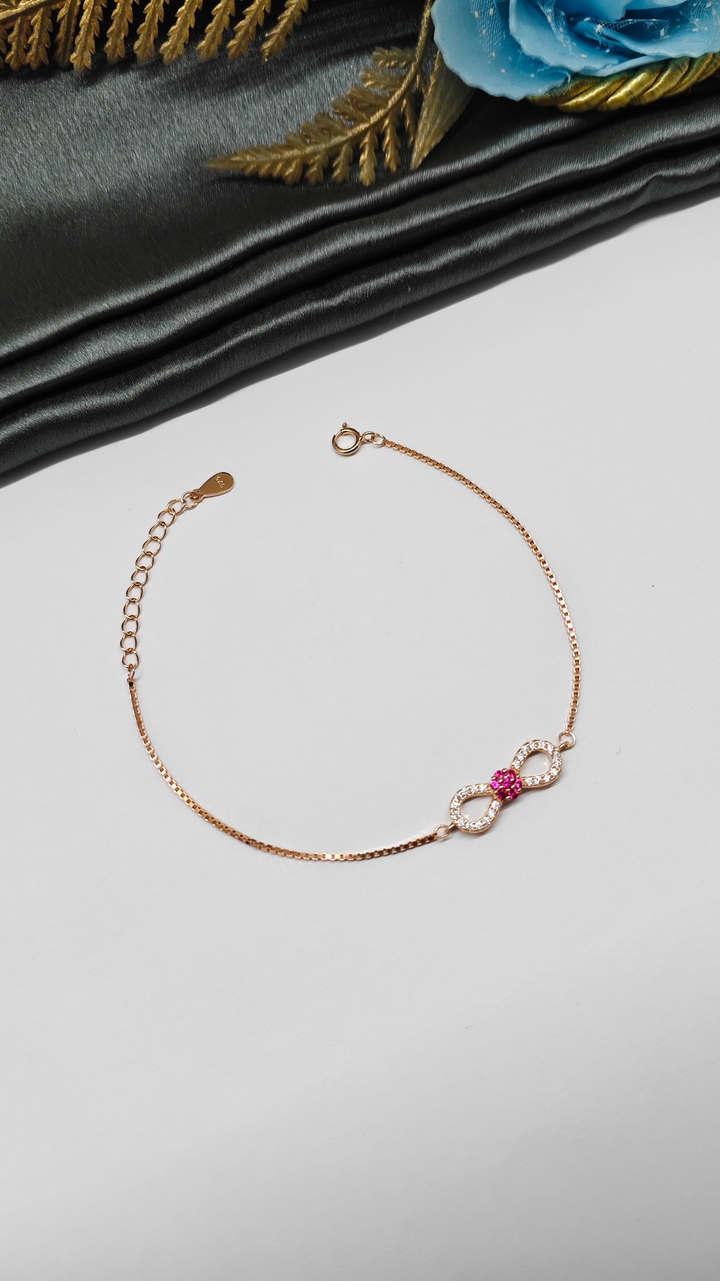 925 Silver Rose Gold Colour Small Infinity Red With White Stone Design Bracelet