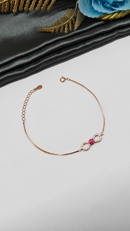 925 Silver Rose Gold Colour Small Infinity Red With White Stone Design Bracelet