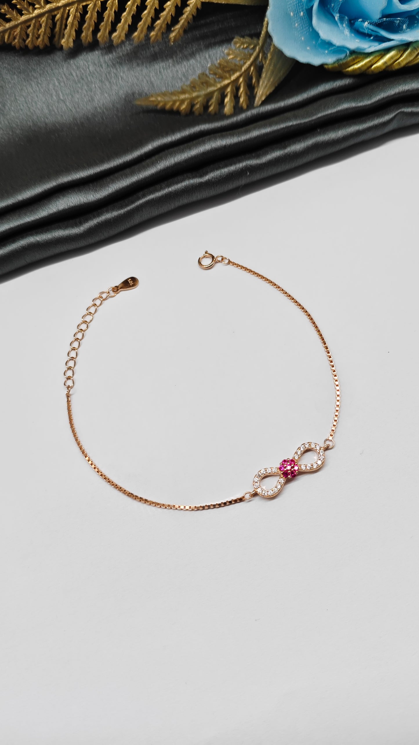 925 Silver Rose Gold Colour Small Infinity Red With White Stone Design Bracelet