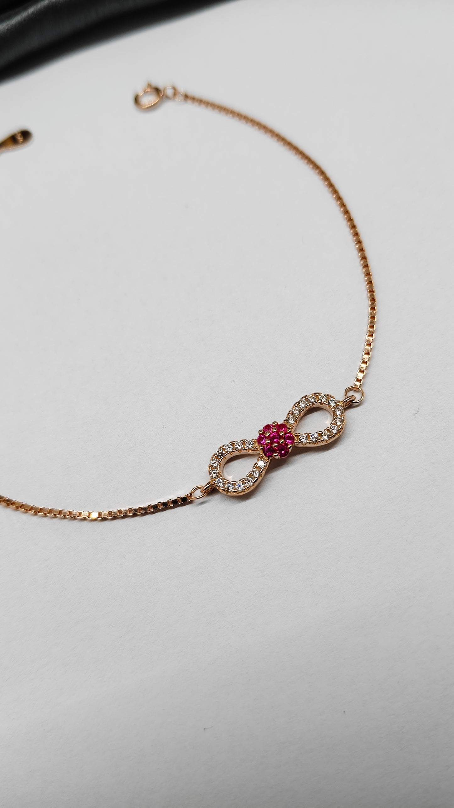 925 Silver Rose Gold Colour Small Infinity Red With White Stone Design Bracelet
