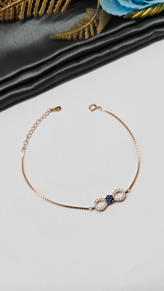 925 Silver Rose Gold Colour Small Infinity Blue With White Stone Design Bracelet