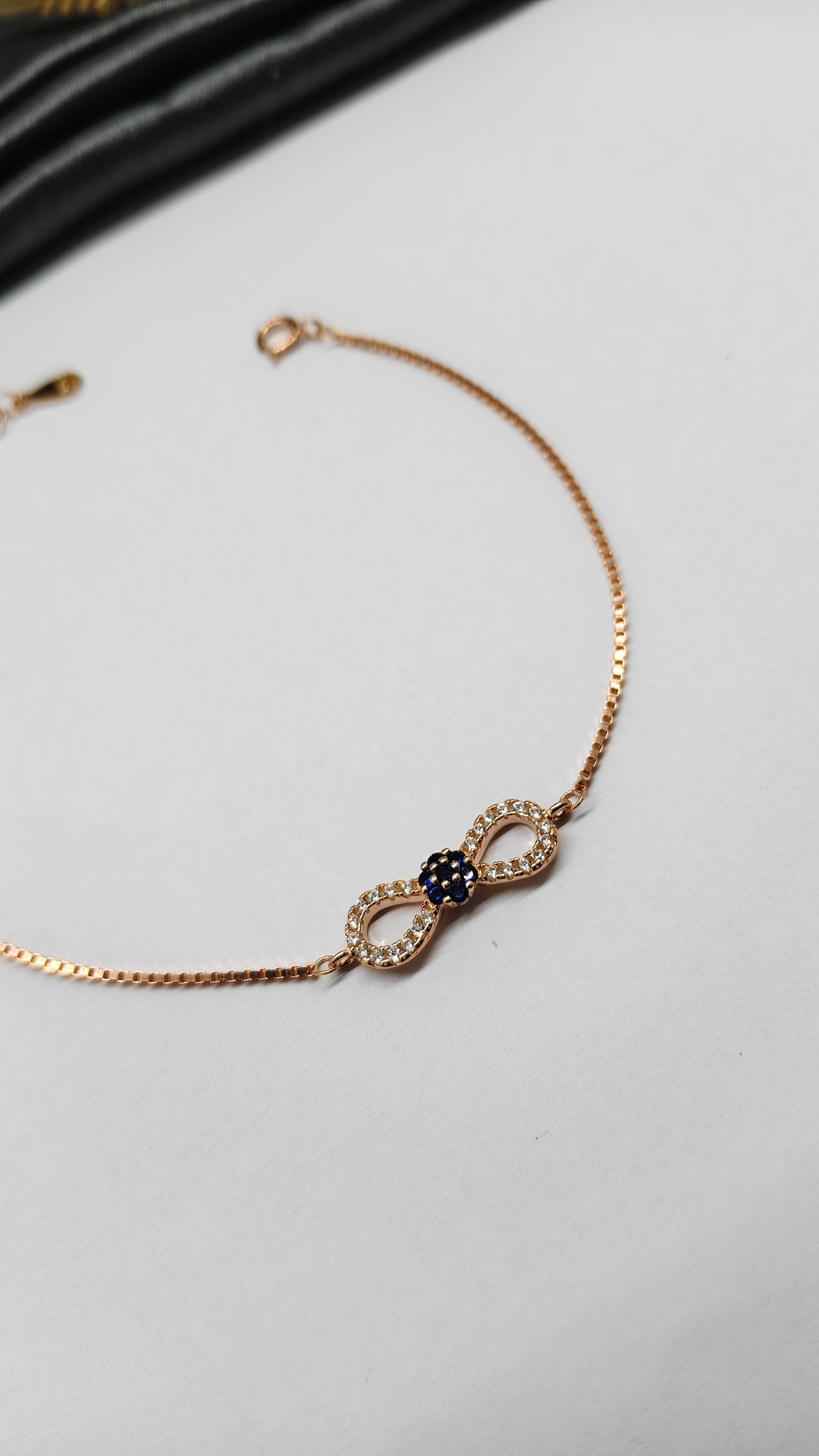 925 Silver Rose Gold Colour Small Infinity Blue With White Stone Design Bracelet