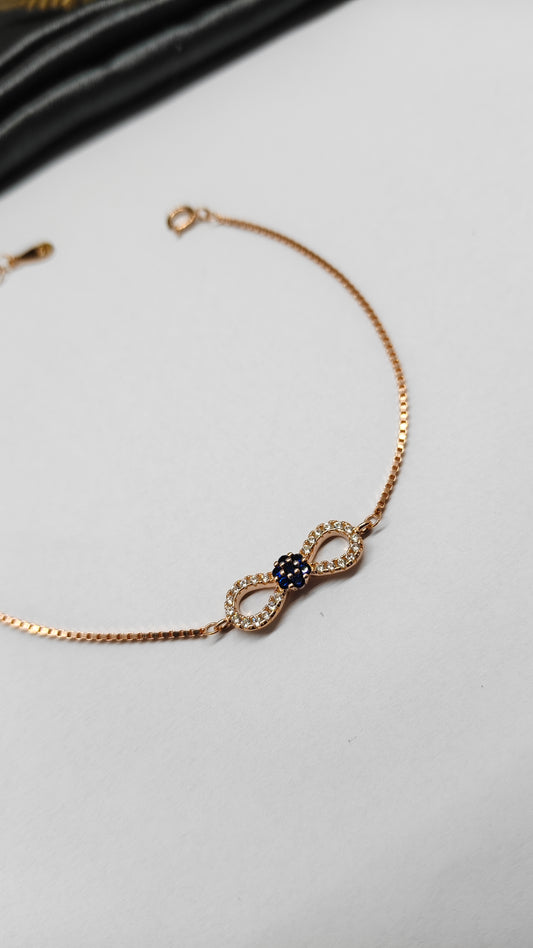 925 Silver Rose Gold Colour Small Infinity Blue With White Stone Design Bracelet