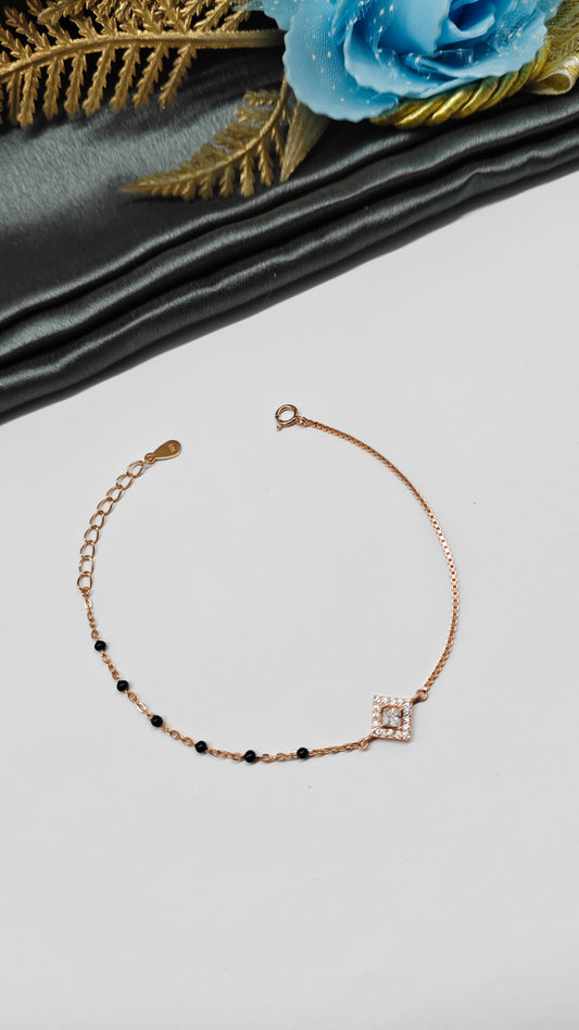 925 Silver Rose Gold Colour Design With Black Beads Bracelet