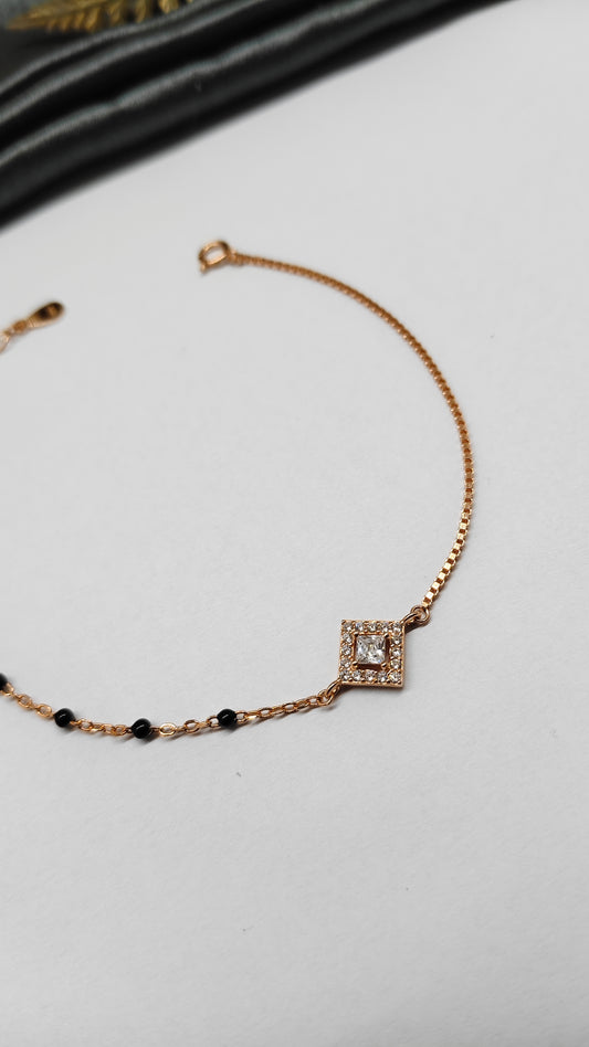 925 Silver Rose Gold Colour Design With Black Beads Bracelet