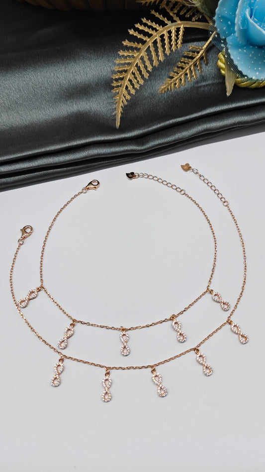 925 Silver Rose Gold Colour 5 Infinity Hanging Design Anklets