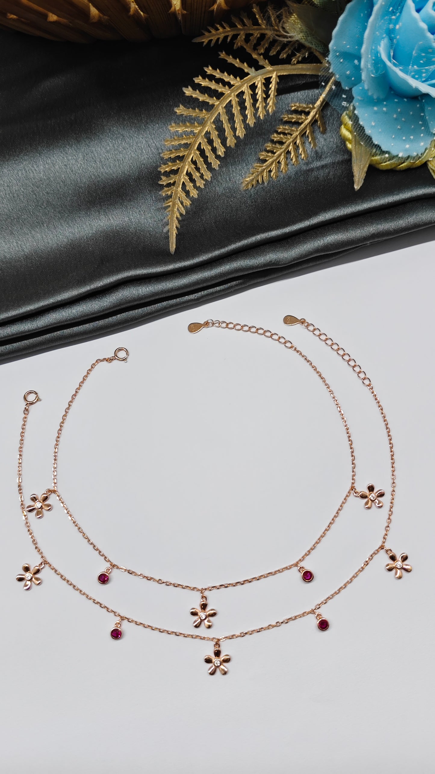 925 Silver Rose Gold Colour Red Stone With White Stone Flower Hanging Design Anklets