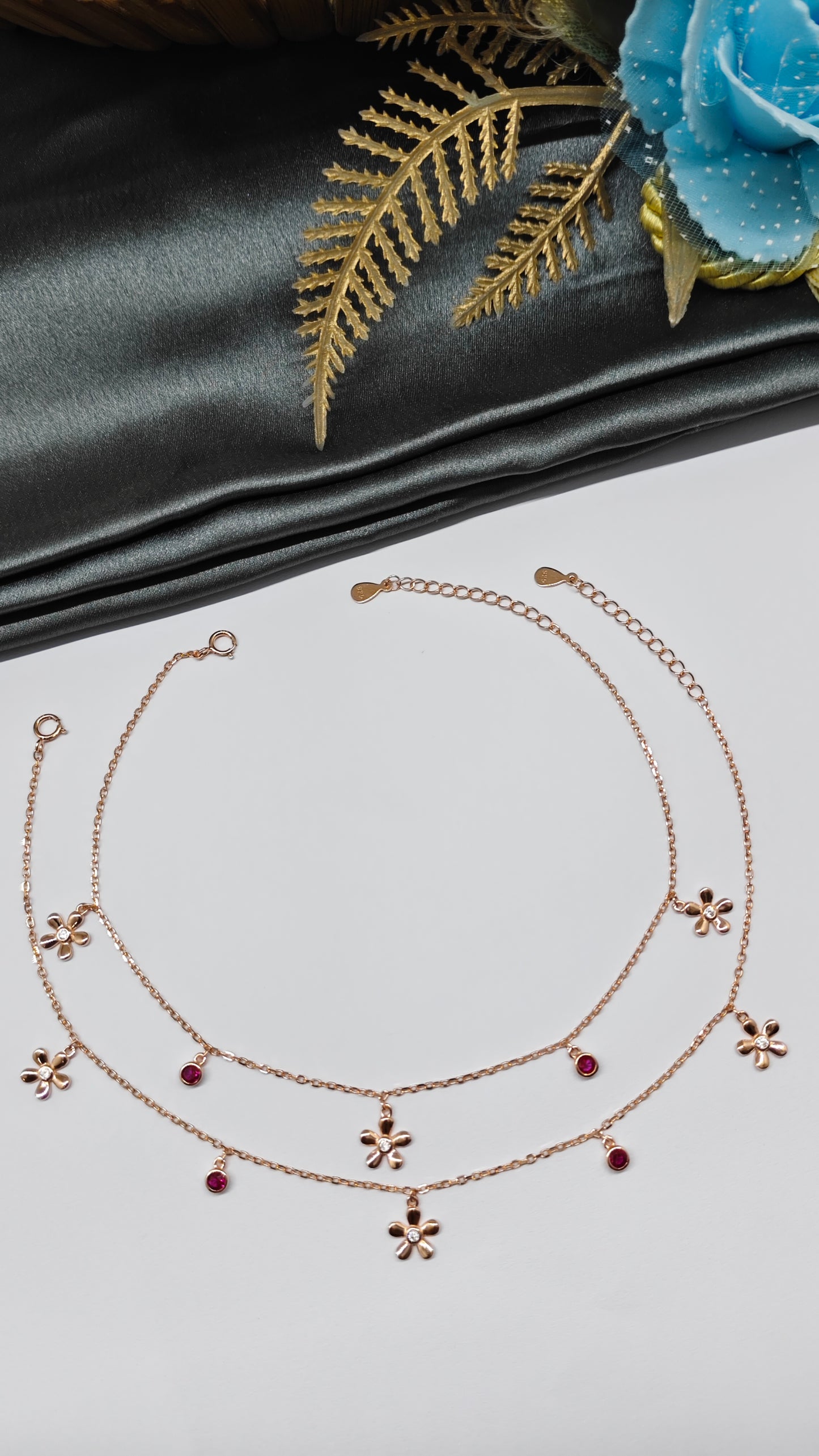 925 Silver Rose Gold Colour Red Stone With White Stone Flower Hanging Design Anklets