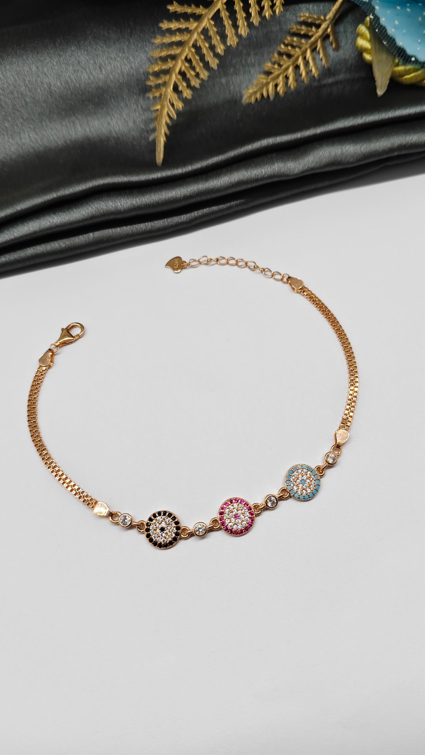 925 Silver Rose Gold Colour Double Layer Multi Colour Stone Design Bracelet
