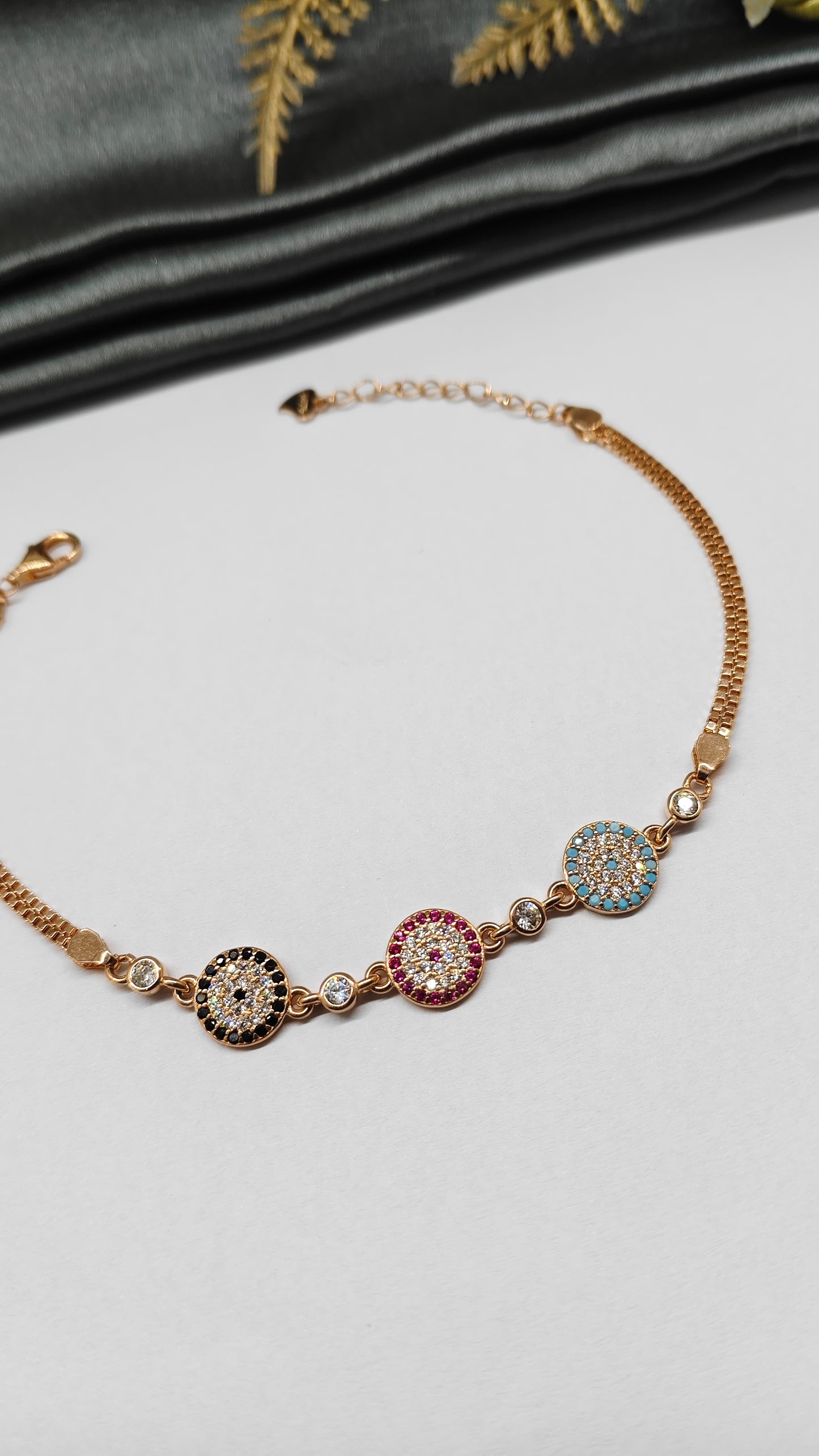 925 Silver Rose Gold Colour Double Layer Multi Colour Stone Design Bracelet