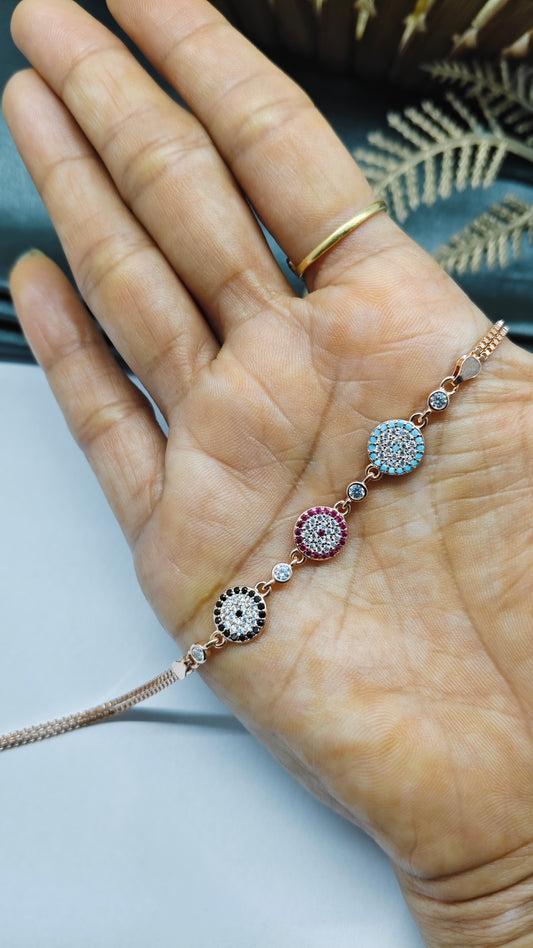 925 Silver Rose Gold Colour Double Layer Multi Colour Stone Design Bracelet