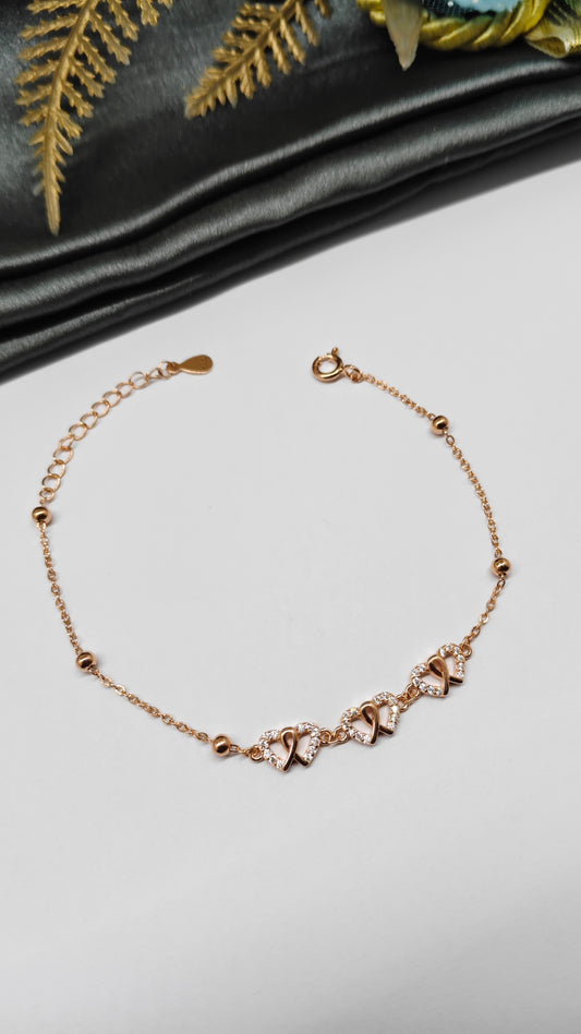 925 Silver Rose Gold Colour Small Double Heart Design Bracelet